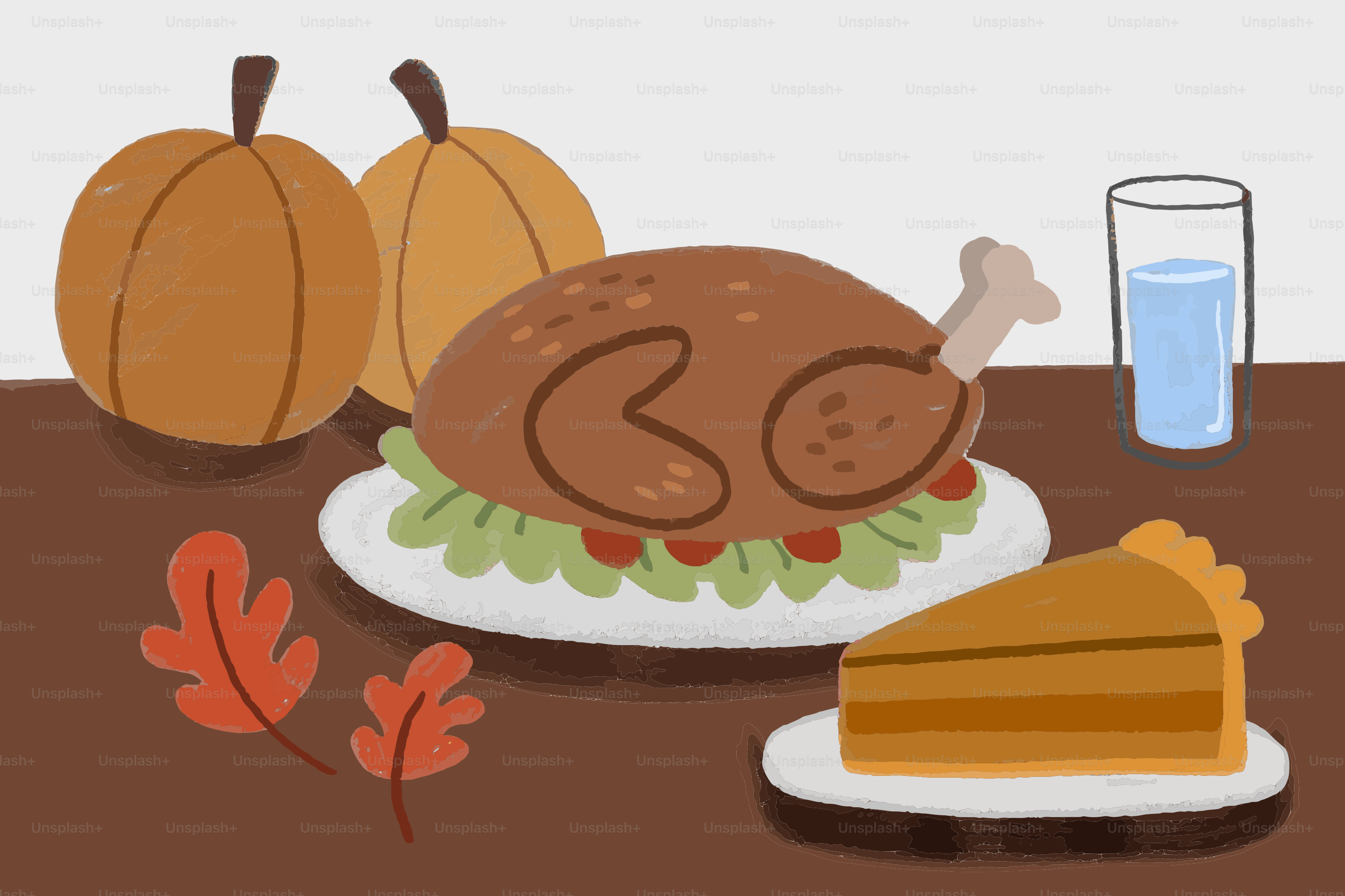 Thanksgiving-Abendessen mit Truthahn, Kuchen und Kürbissen