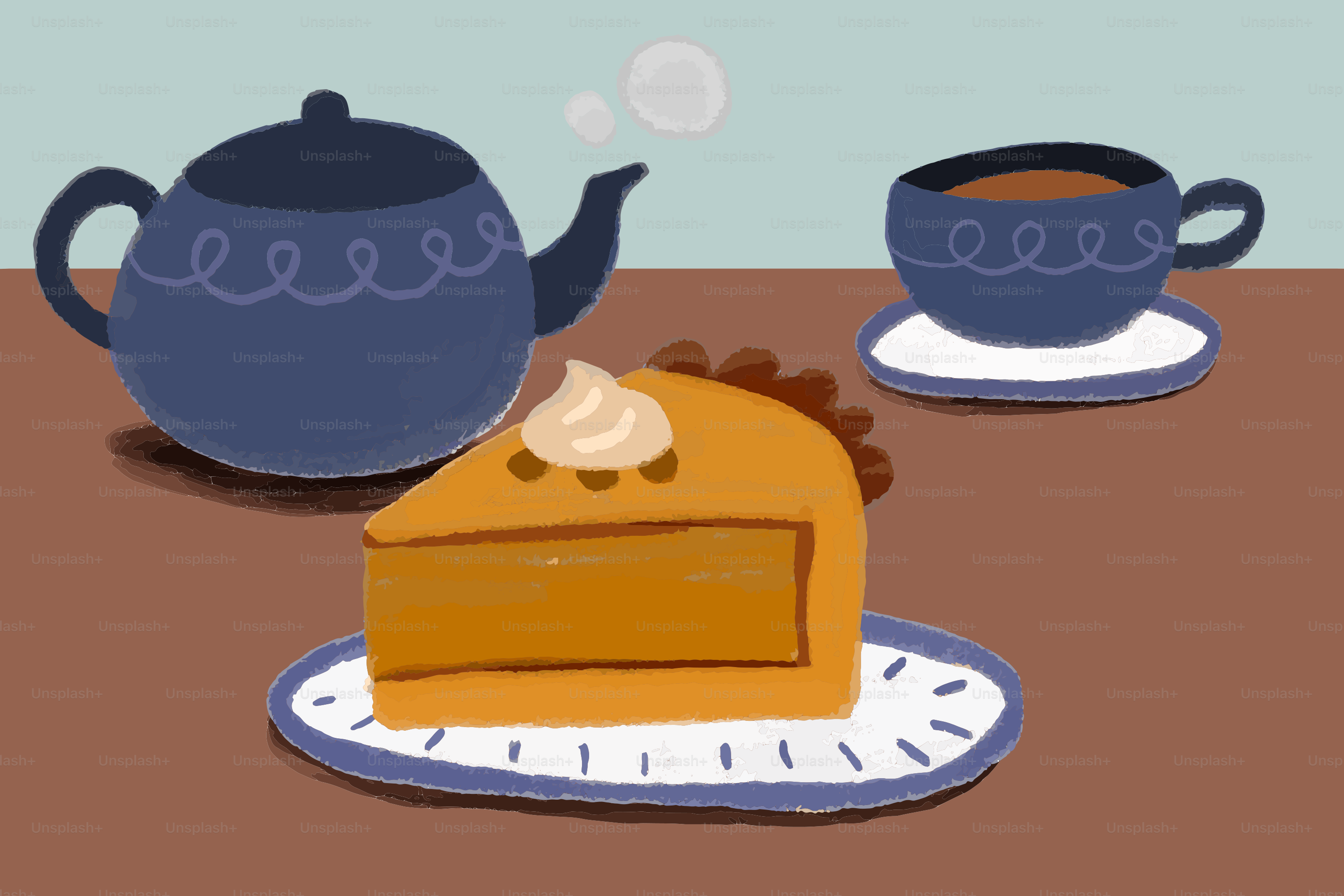 Stück Kürbiskuchen mit Tee und Teekanne