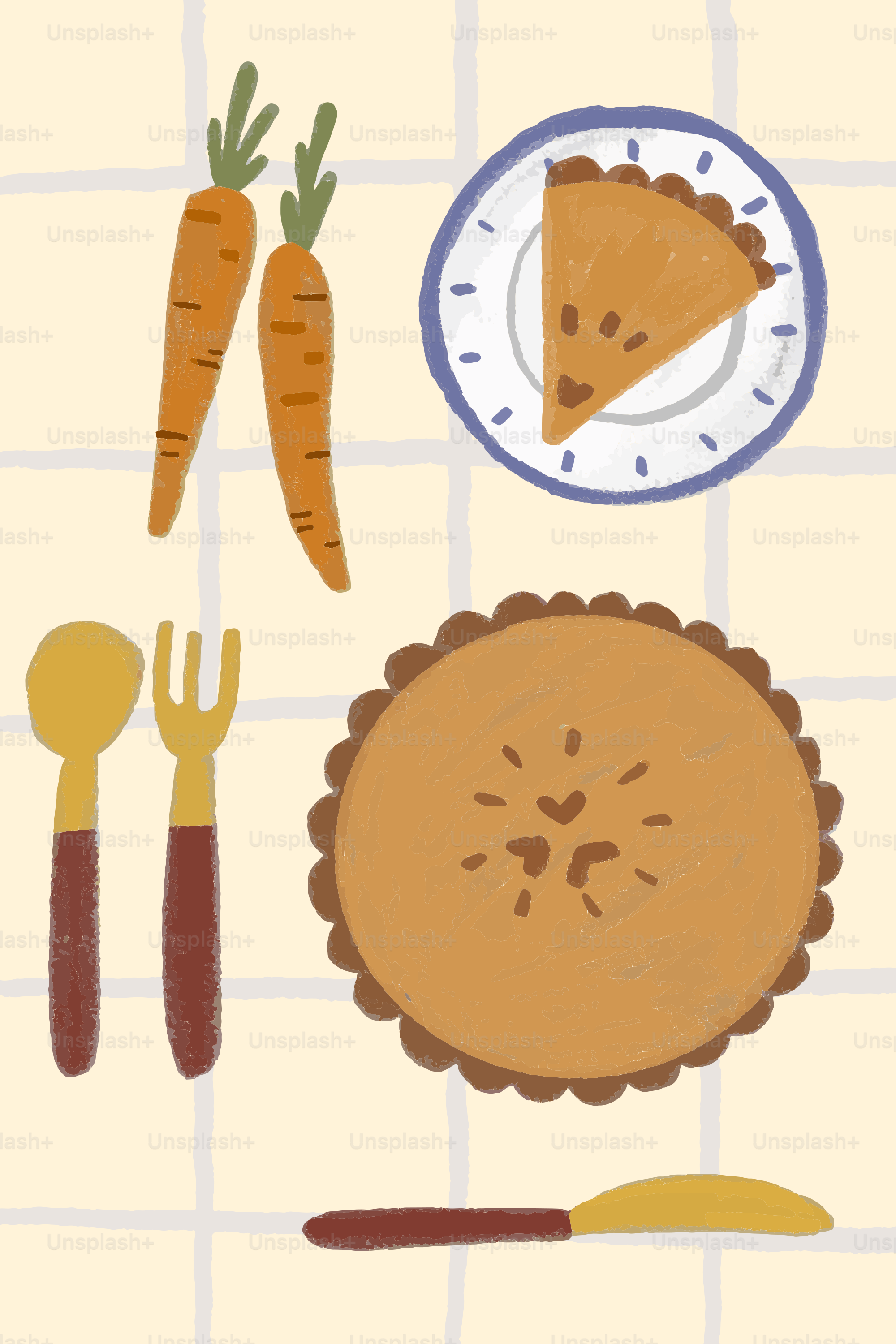 Karotten, Kuchen und Besteck auf kariertem Hintergrund