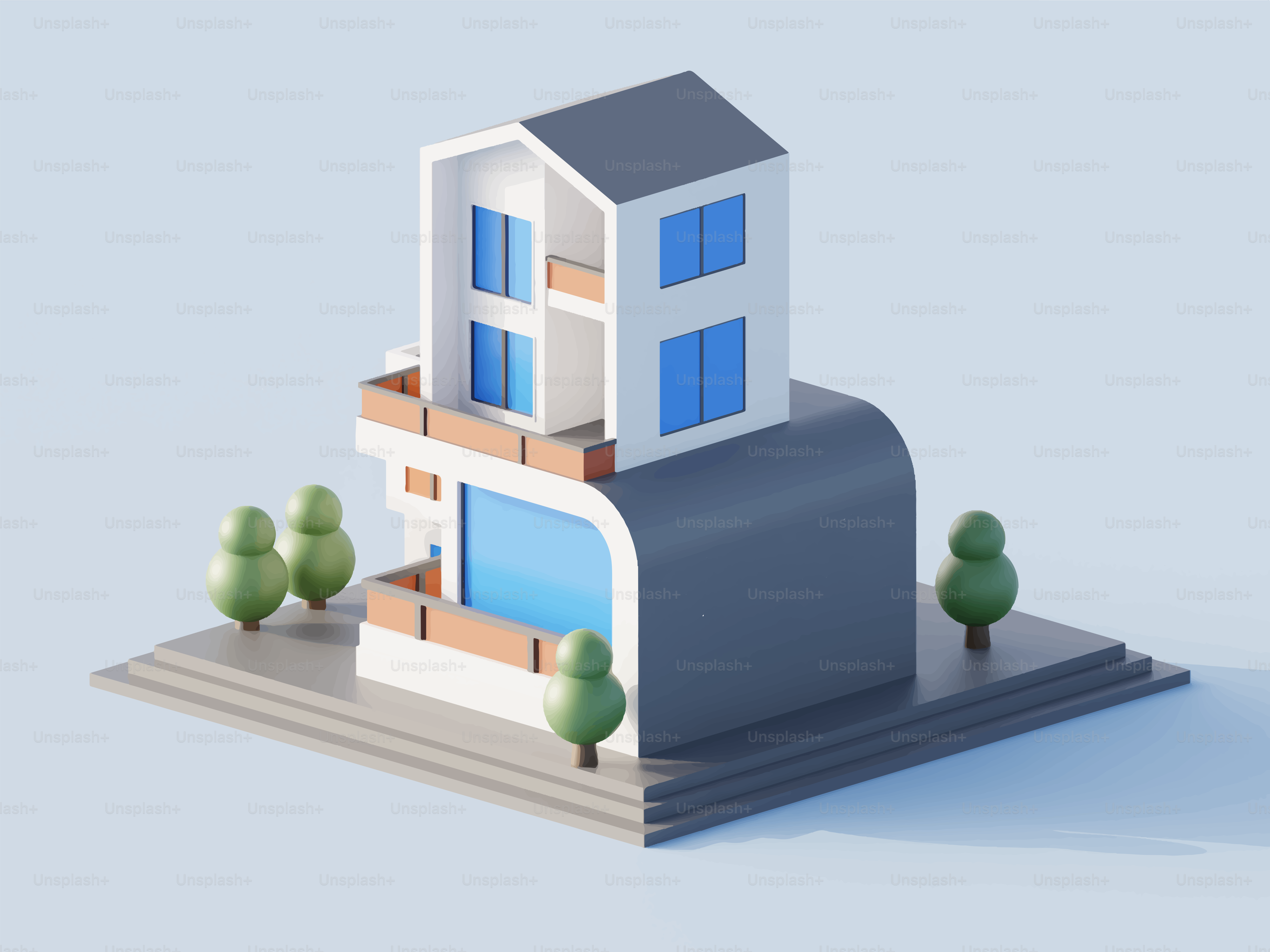 Rumah modern dengan pepohonan di atas dasar abu-abu