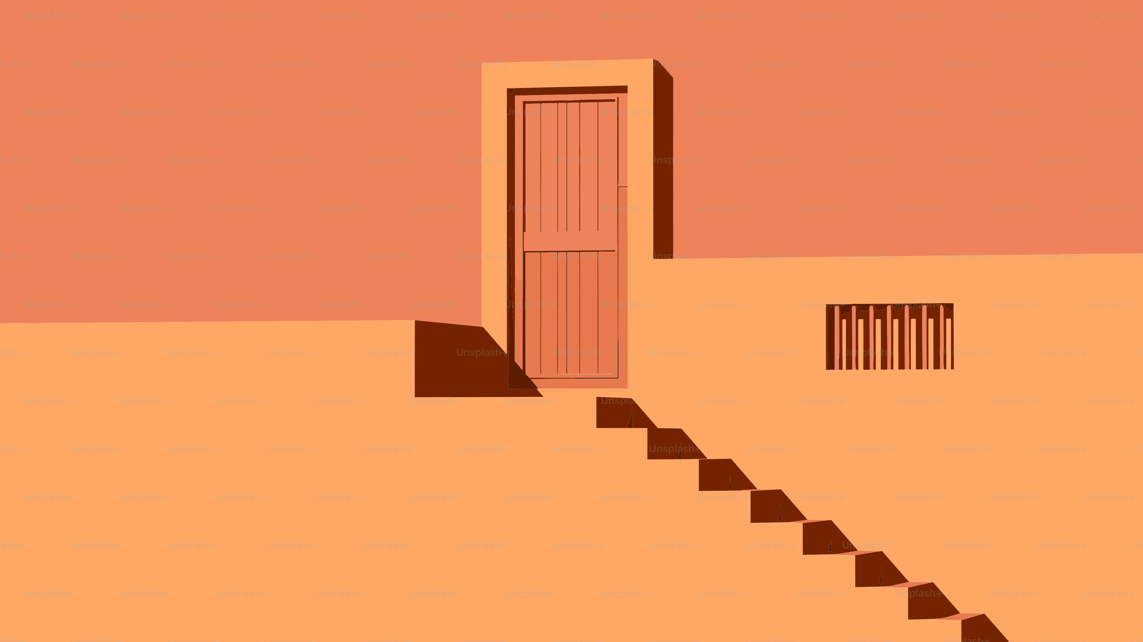 Minimalist scene with stairs leading to a wooden door