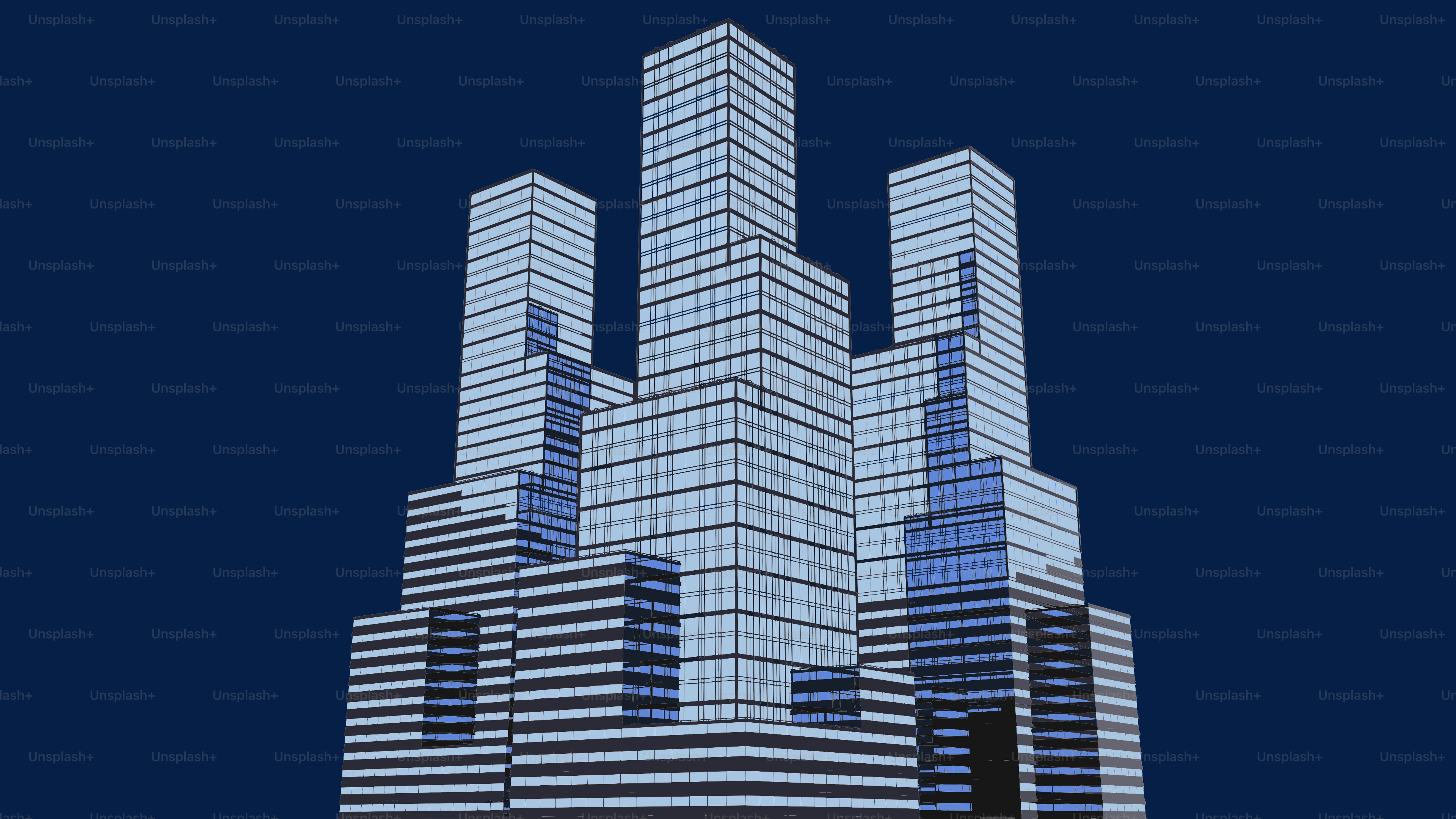 Gedung pencakar langit modern dengan latar belakang biru tua