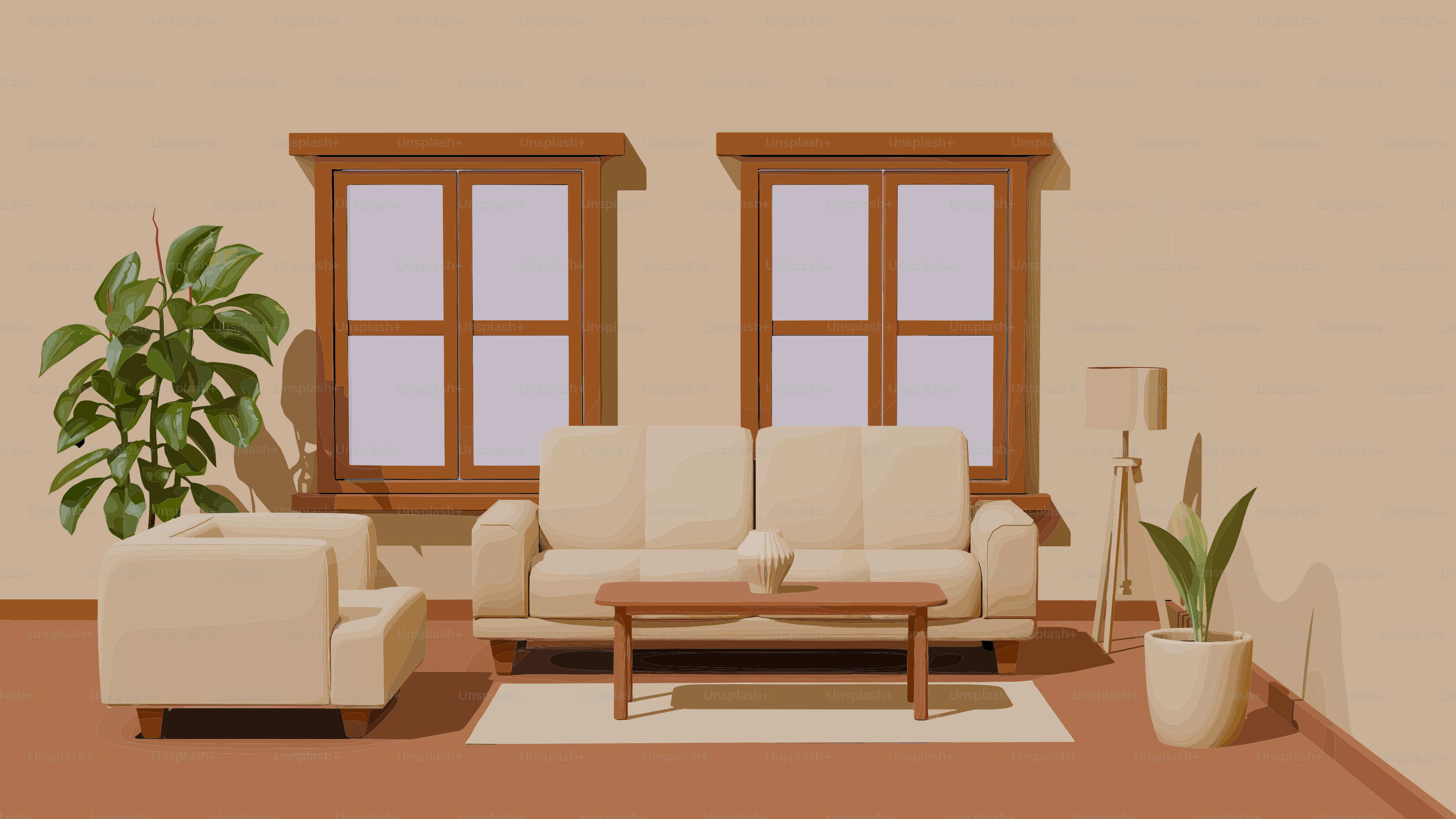Living room with sofa, armchair, and plants.