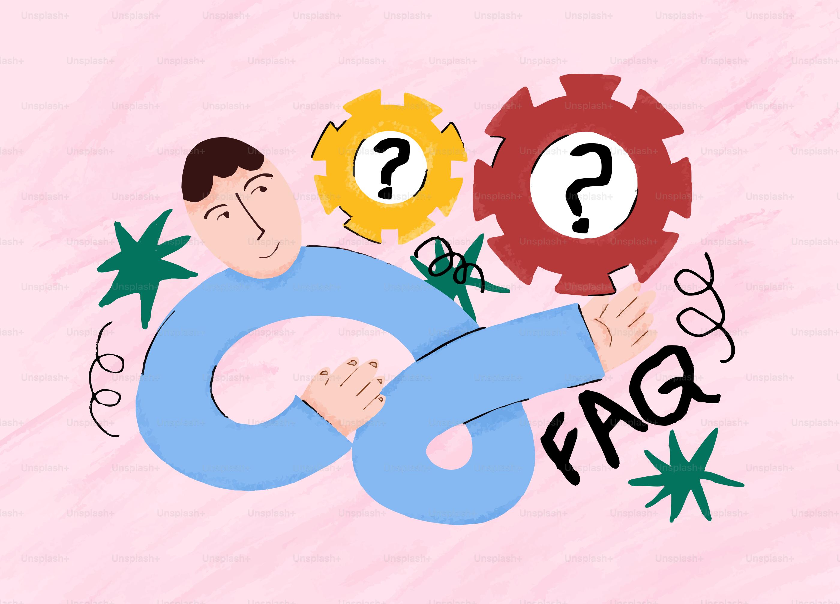 Man with question marks and faq text