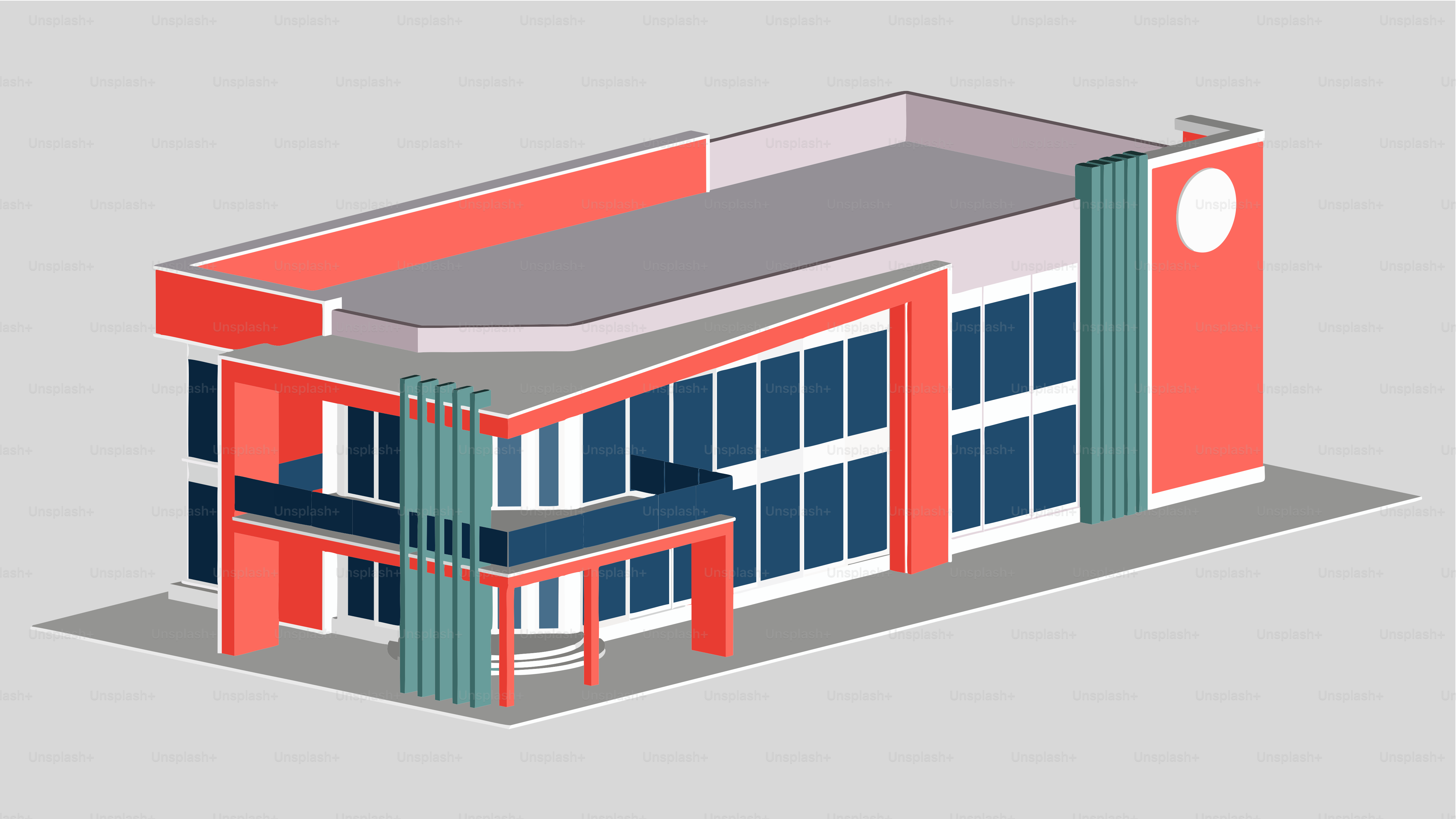 Bâtiment moderne aux accents rouges et bleus