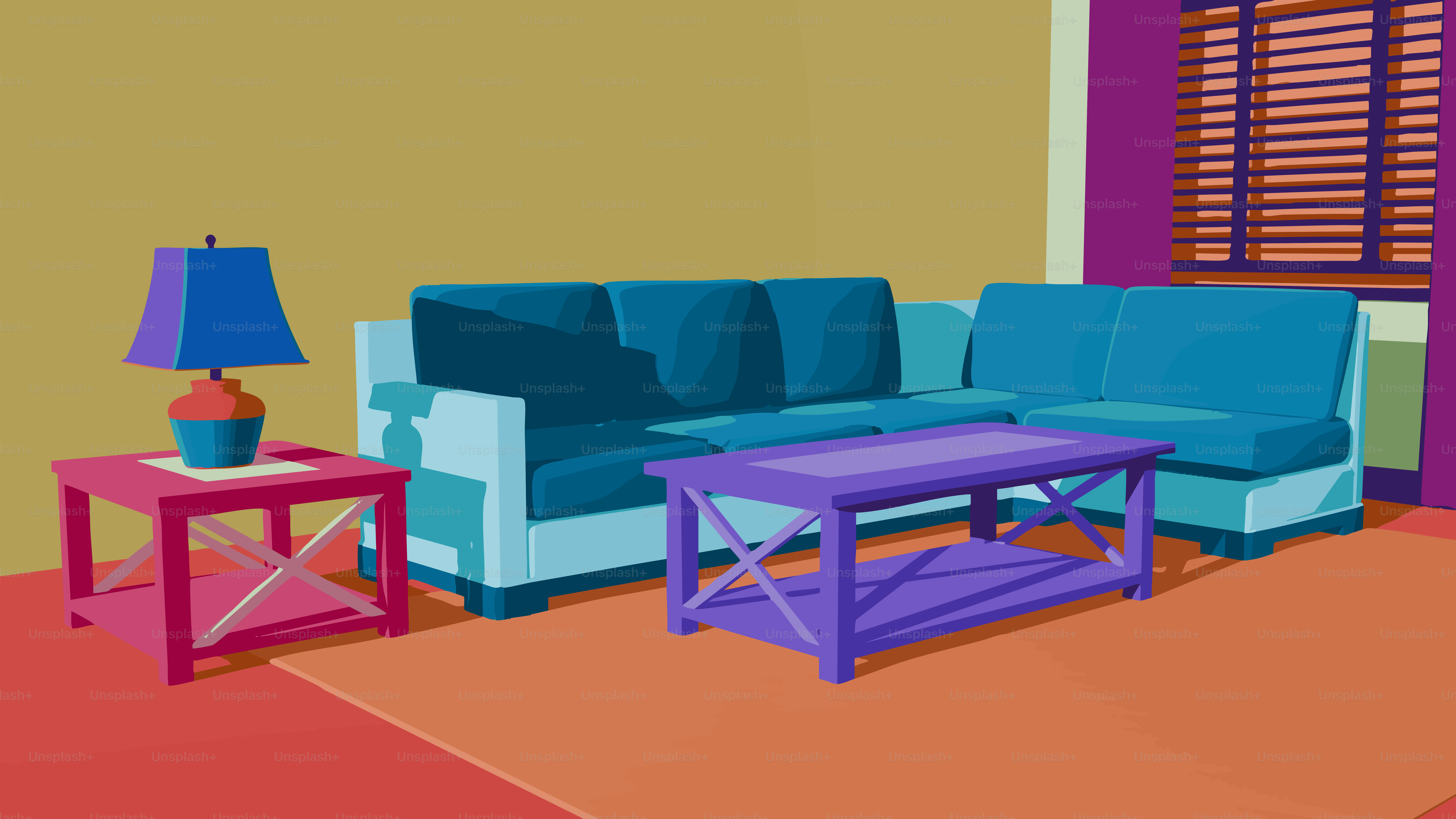 A sectional sofa with colorful furniture in a living room.