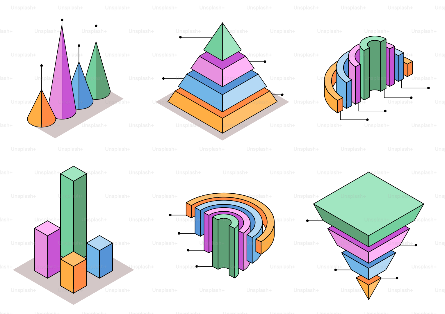 Seis infografías e gráficos isométricos coloridos