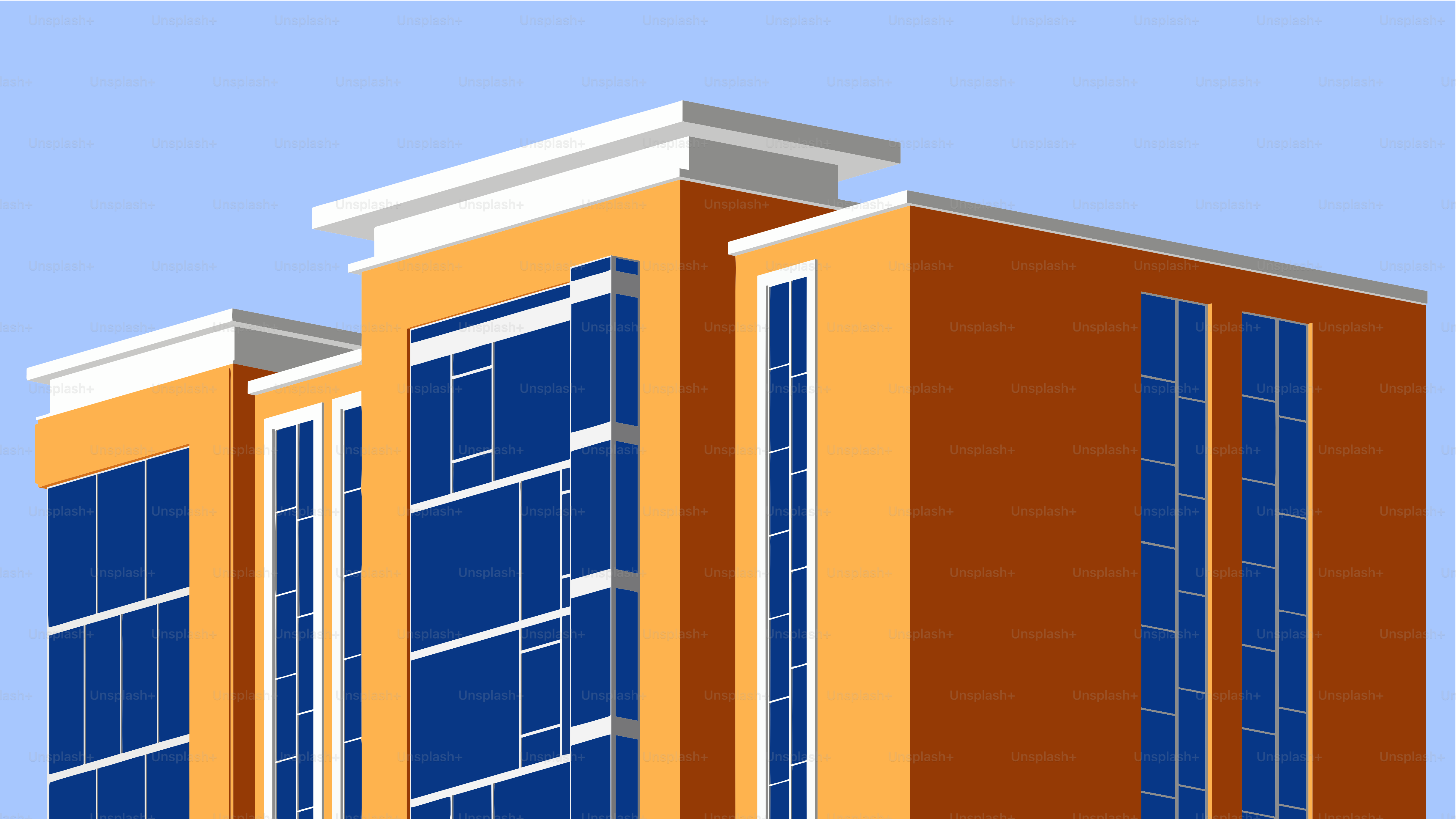 Modernes orangefarbenes Gebäude mit blauen Fenstern