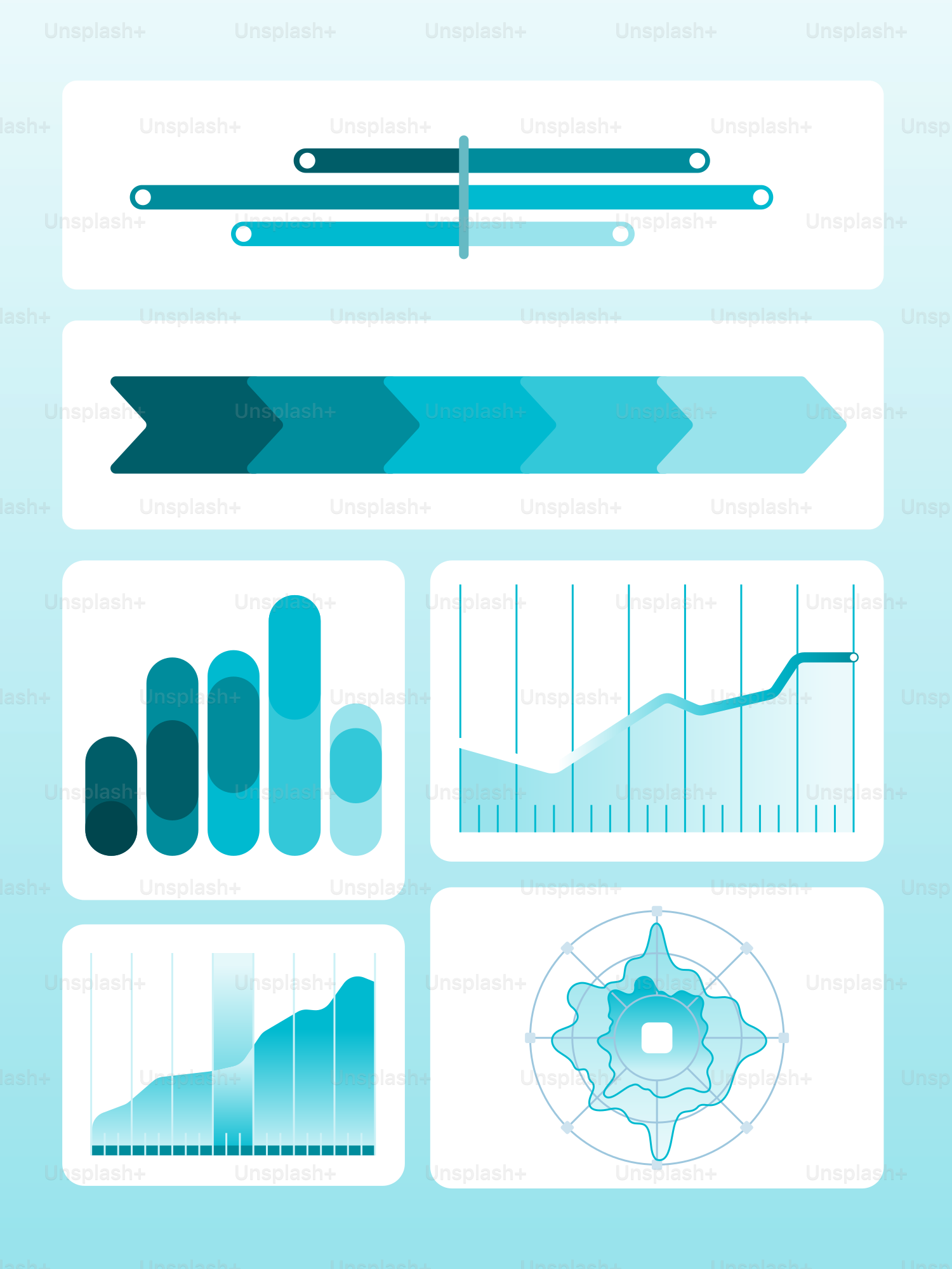 Collection de divers tableaux et graphiques de données bleues.