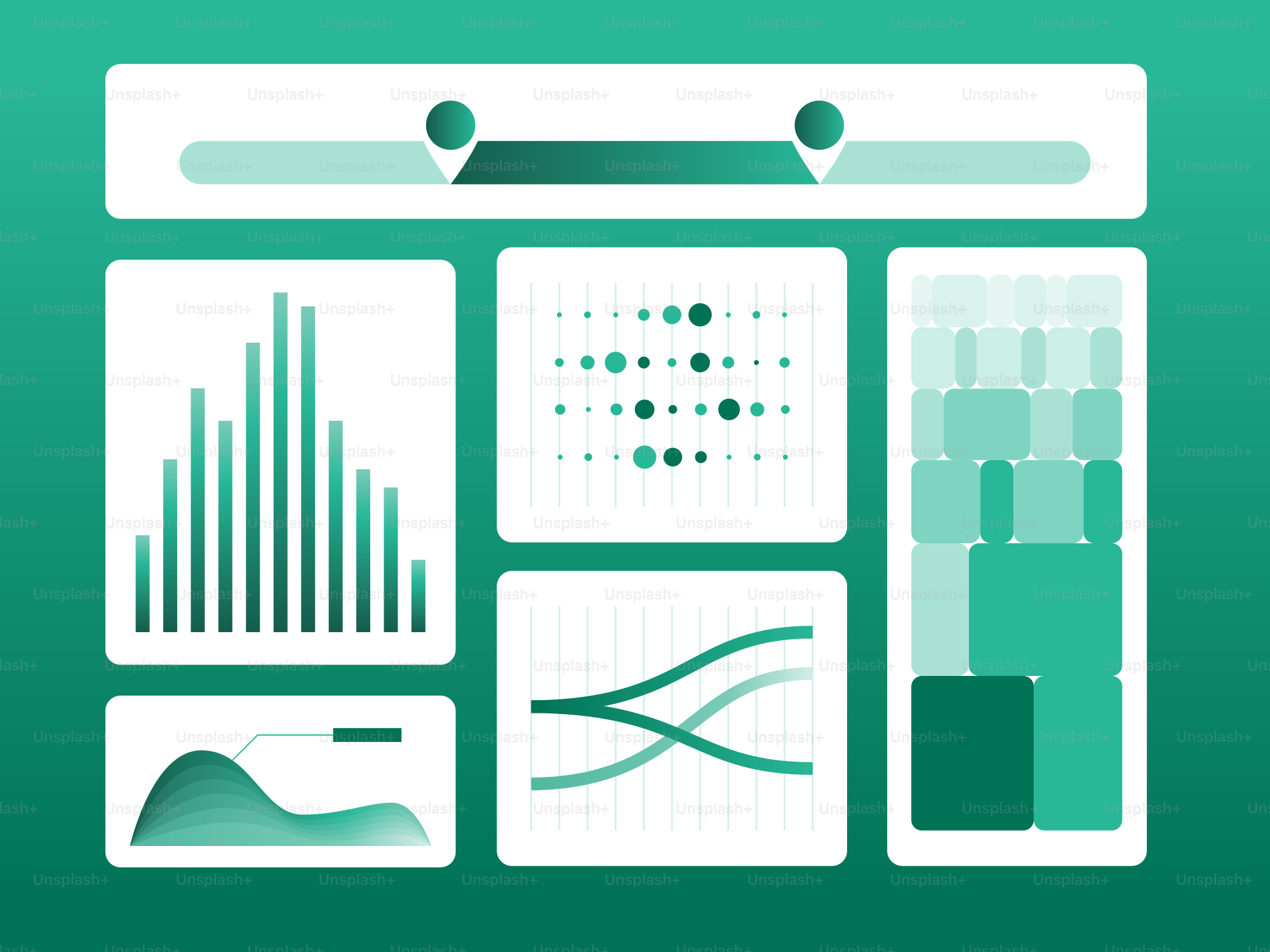 緑色の背景に様々なデータ可視化。