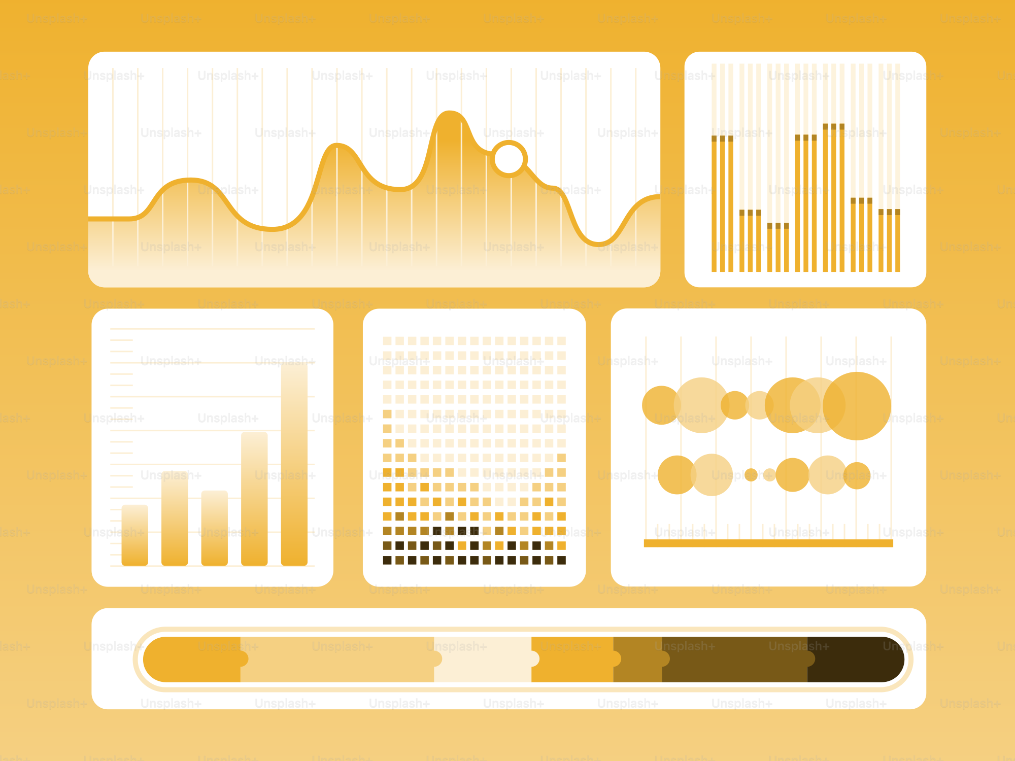 黄色い背景に様々なデータ可視化。