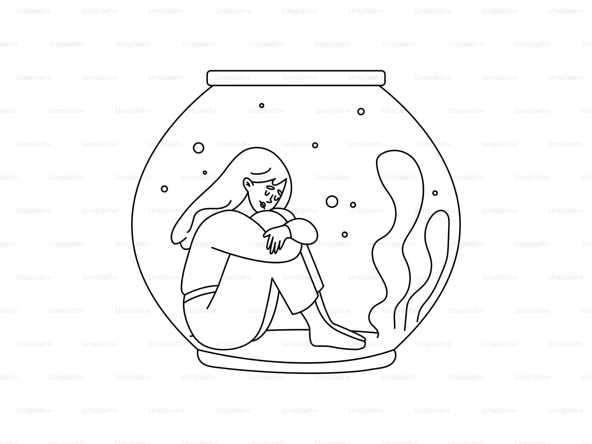 Woman curled up inside a fishbowl