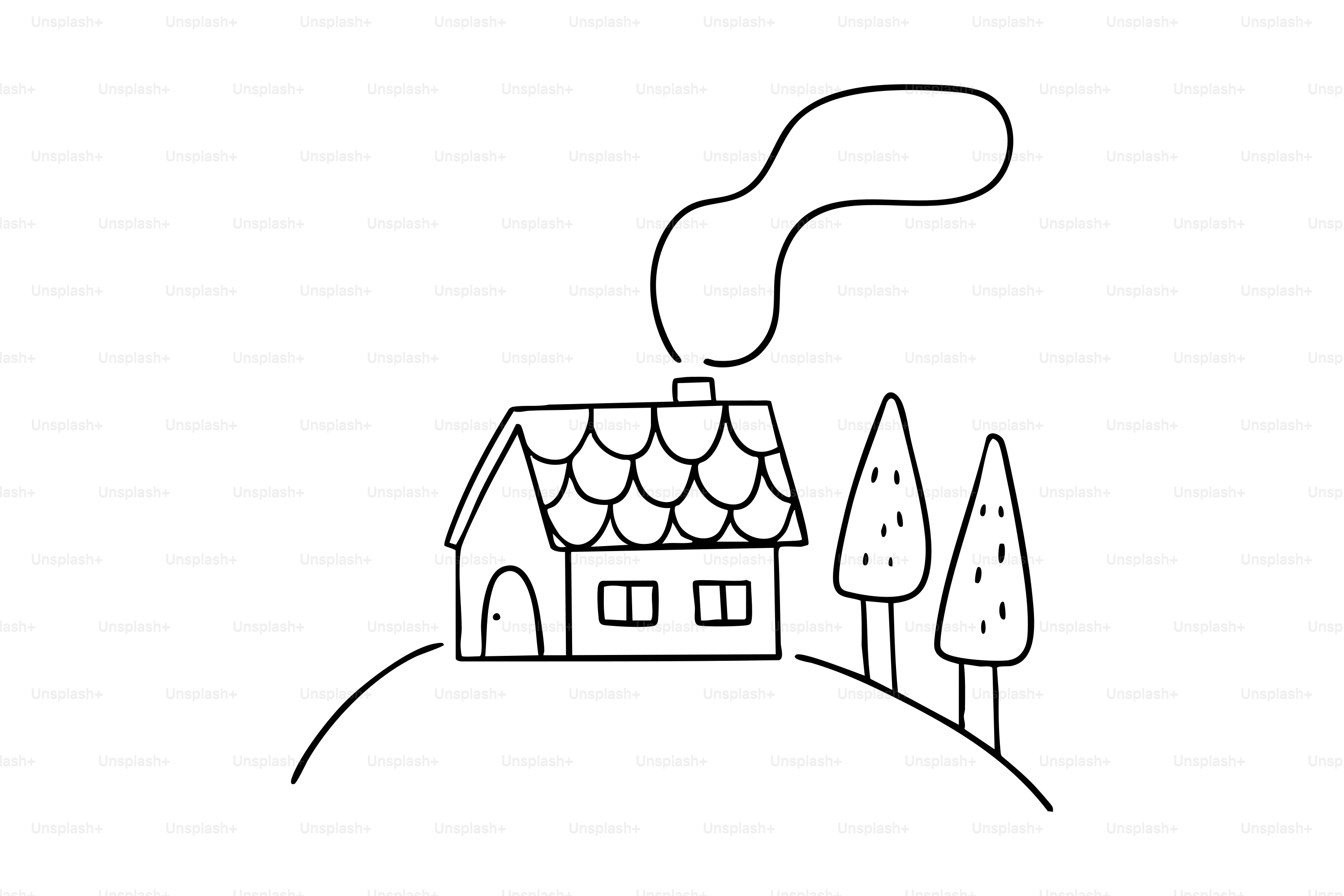 A simple drawing of a house with smoke from chimney.