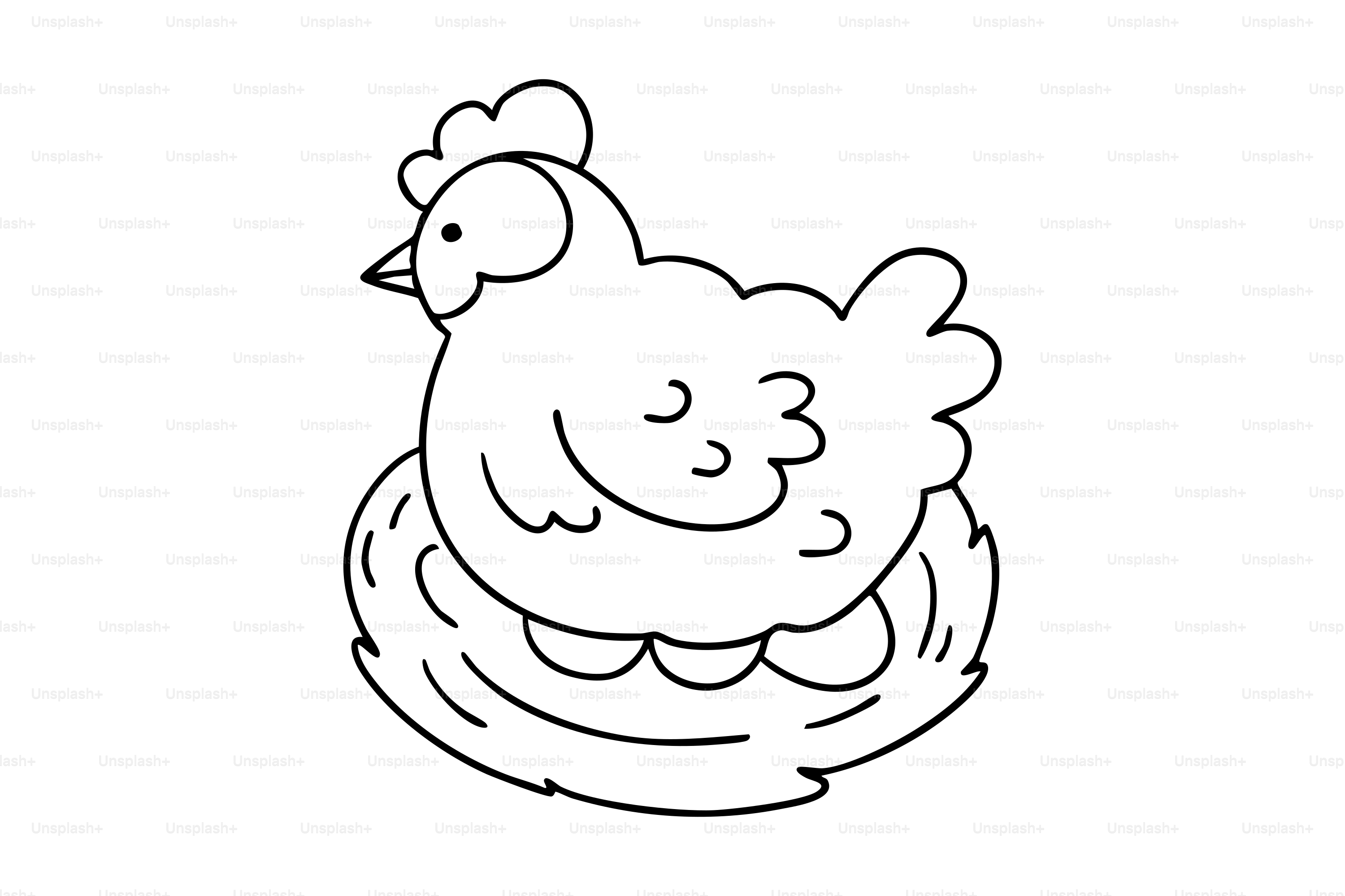 A line drawing of a chicken sitting on eggs.