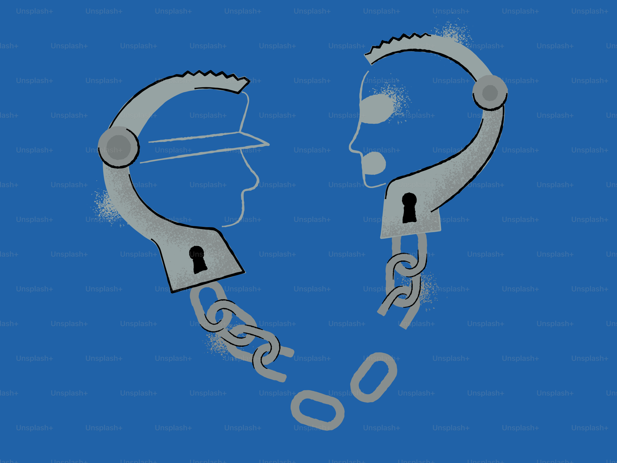 Handcuffs connecting police officer and prisoner profiles