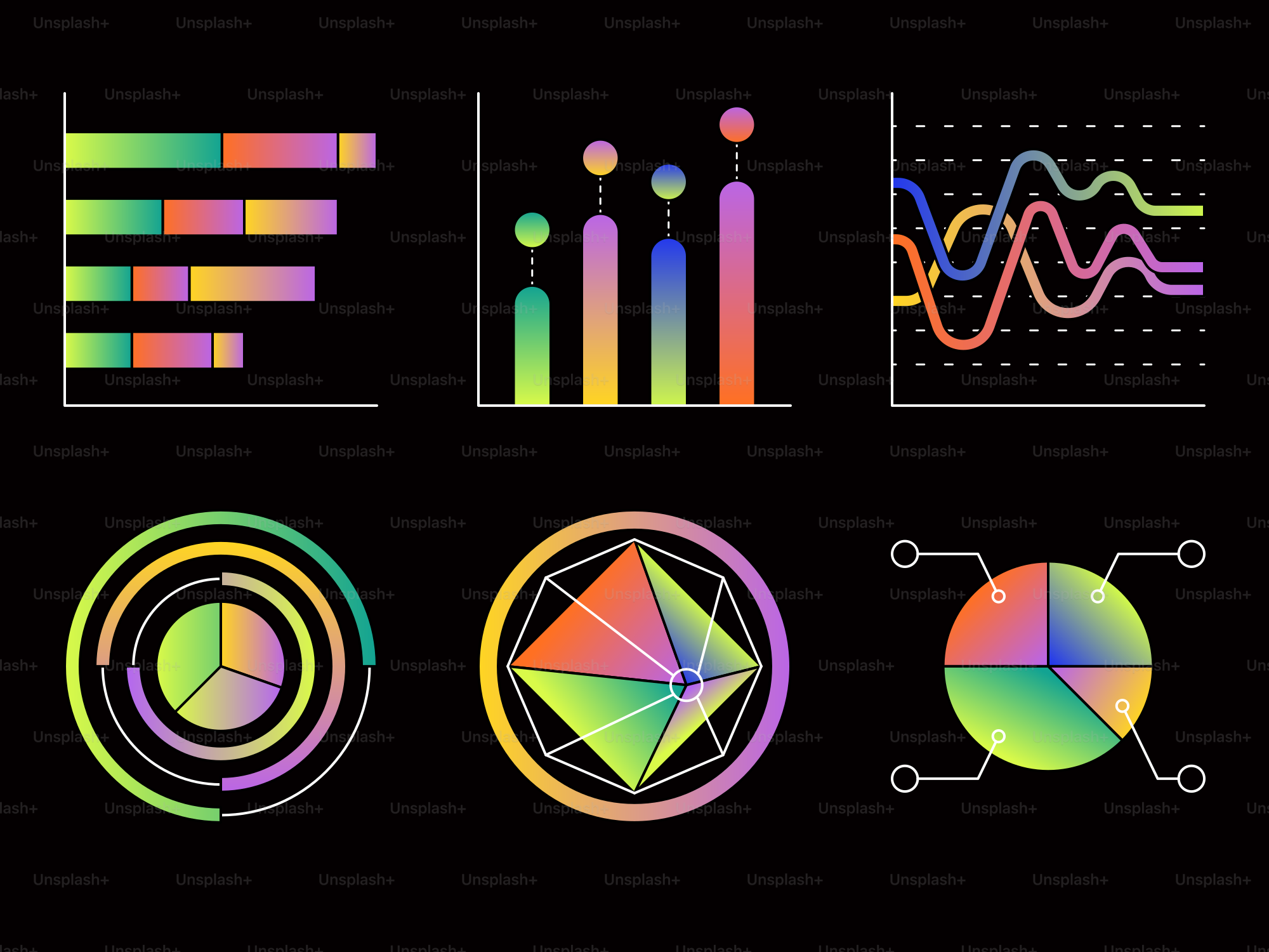 Colección de gráficos de visualización de datos coloridos sobre fondo negro
