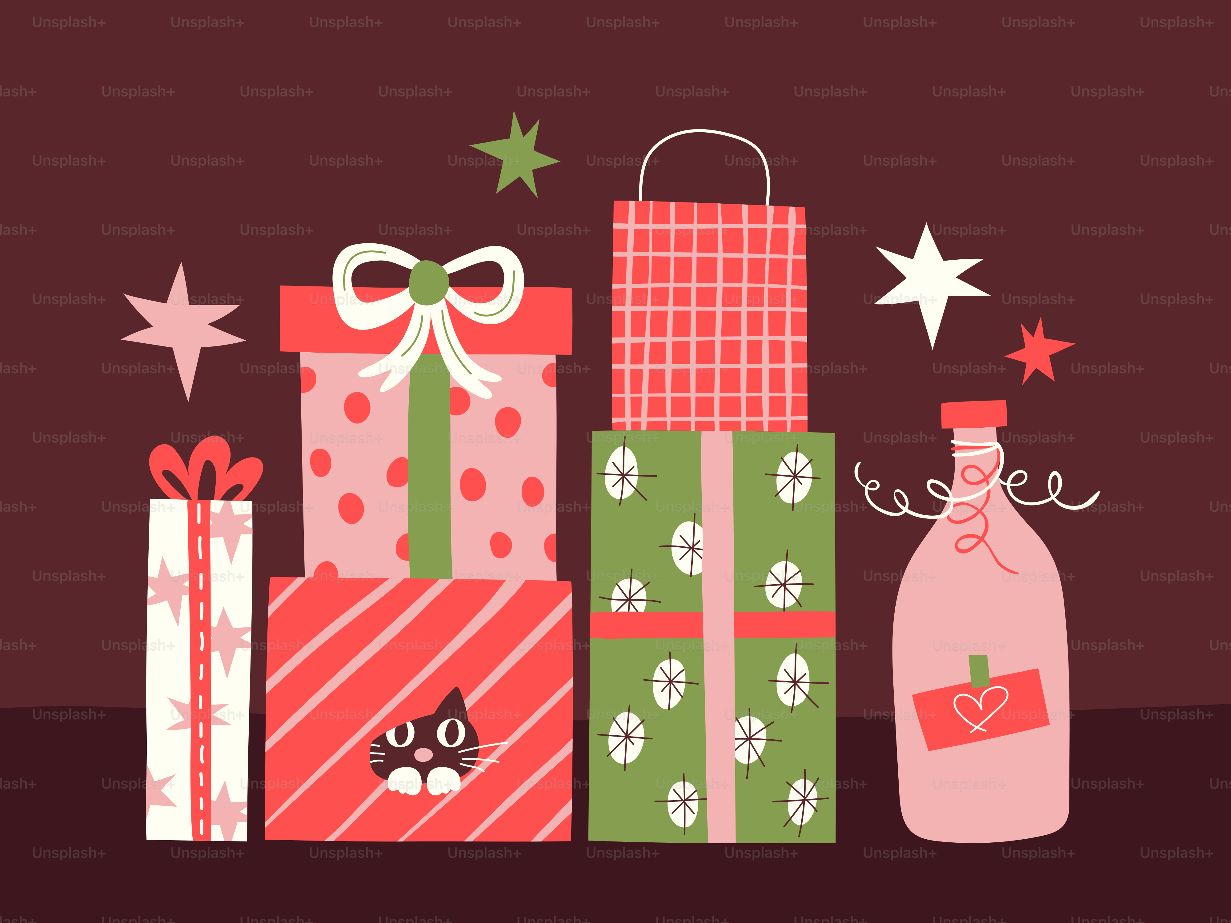 Weihnachtsgeschenke und eine Flasche mit festlicher Dekoration.