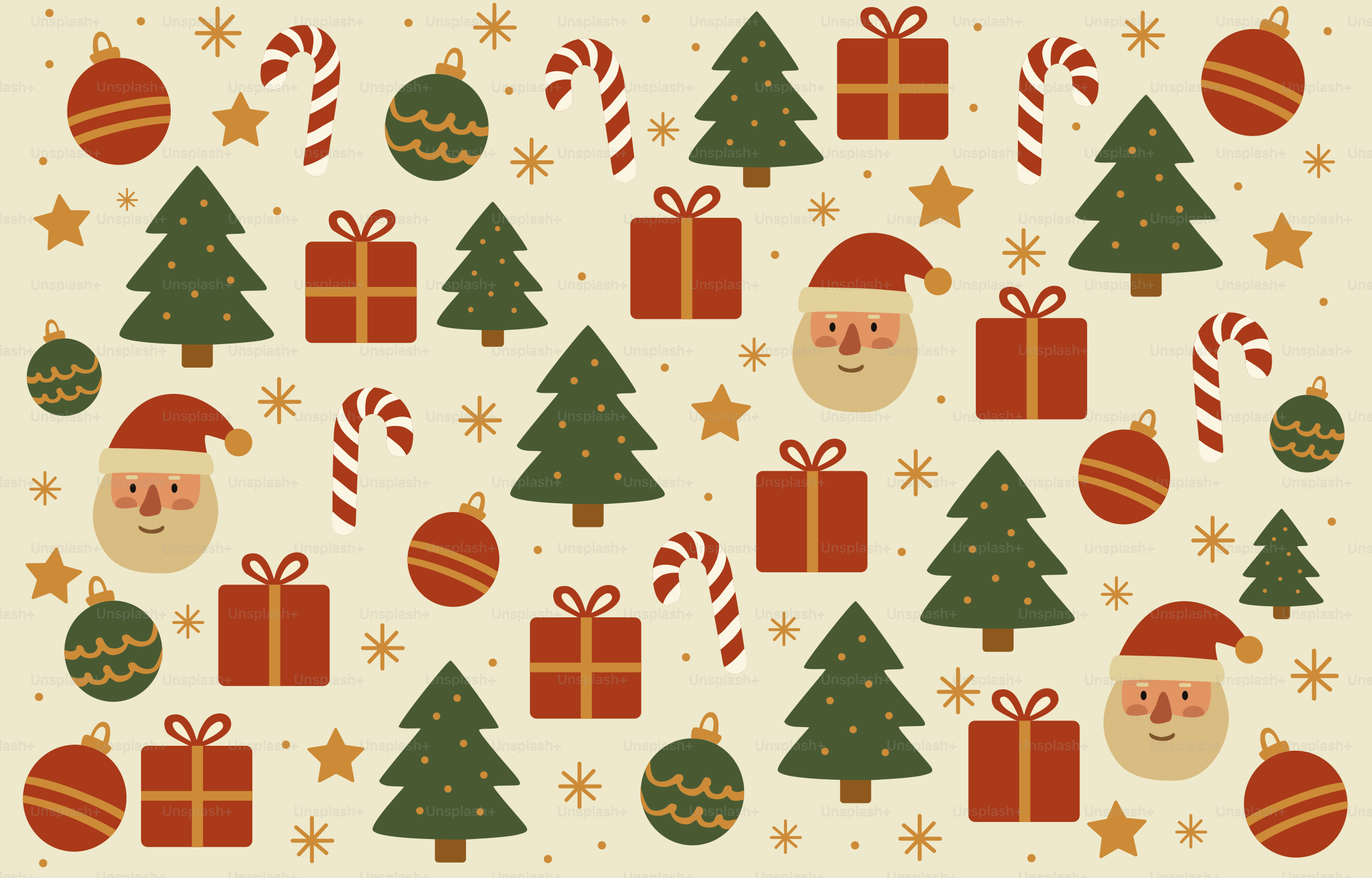 Motif de Noël avec sapins, cadeaux, Père Noël et cannes d’orge