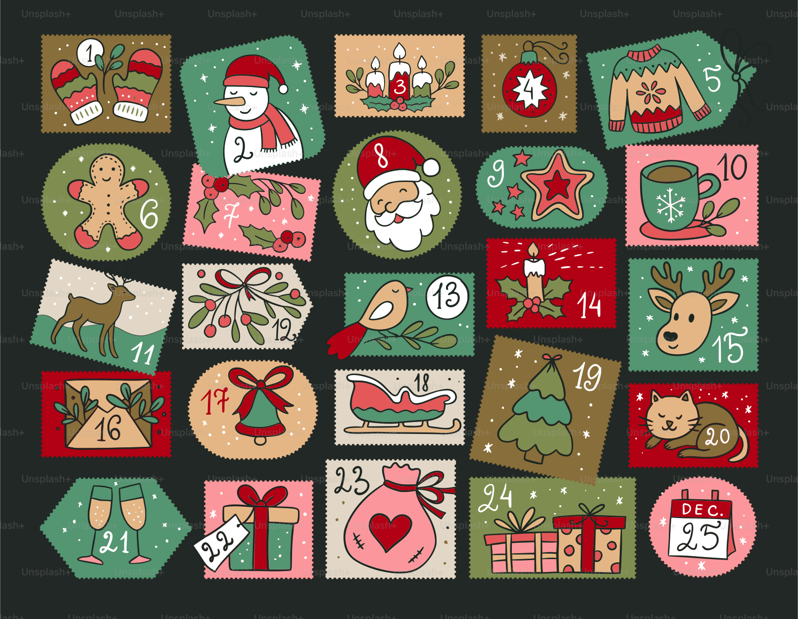 Christmas advent calendar with festive holiday illustrations