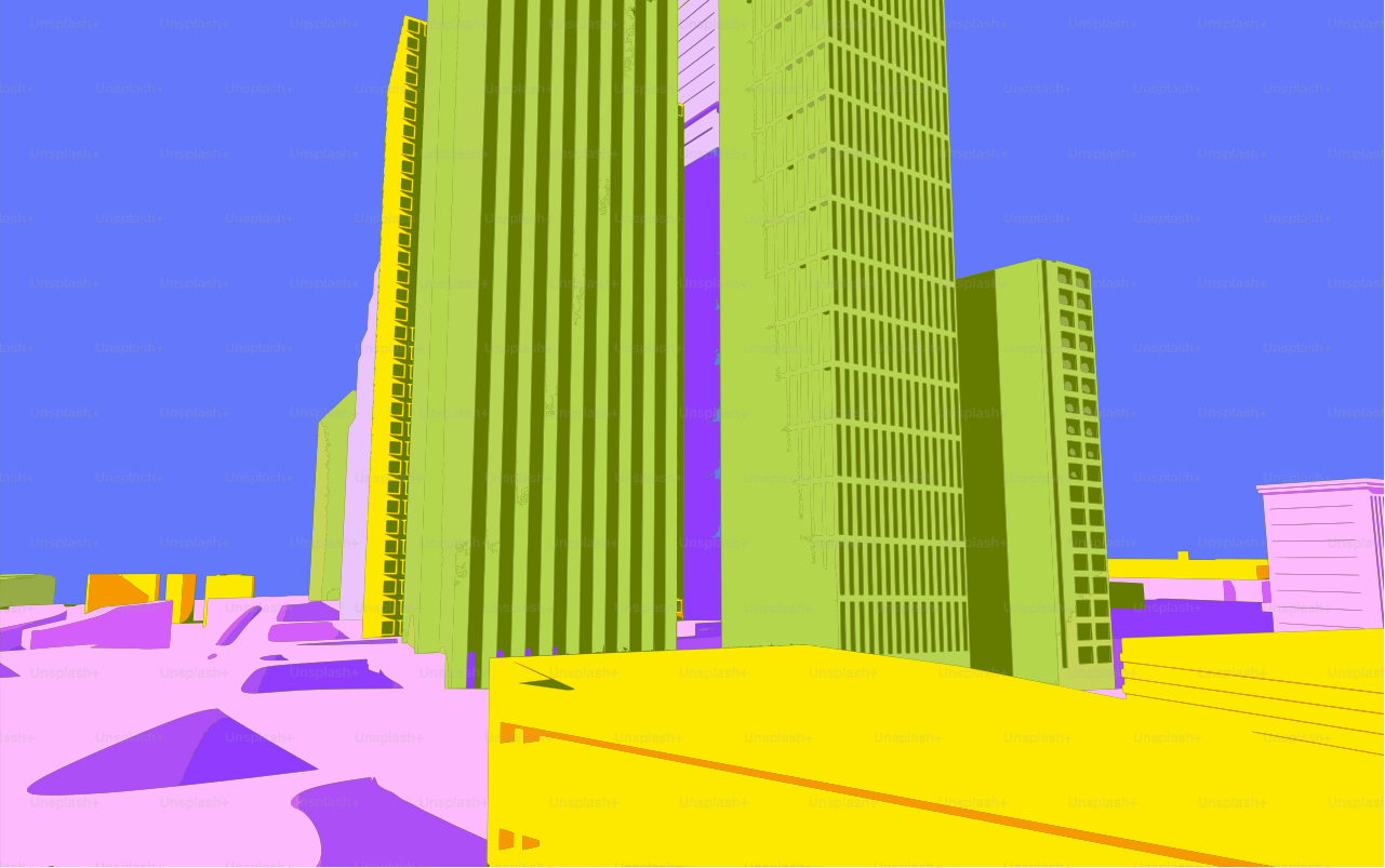 Paesaggio urbano astratto e colorato con alti edifici sotto un cielo azzurro