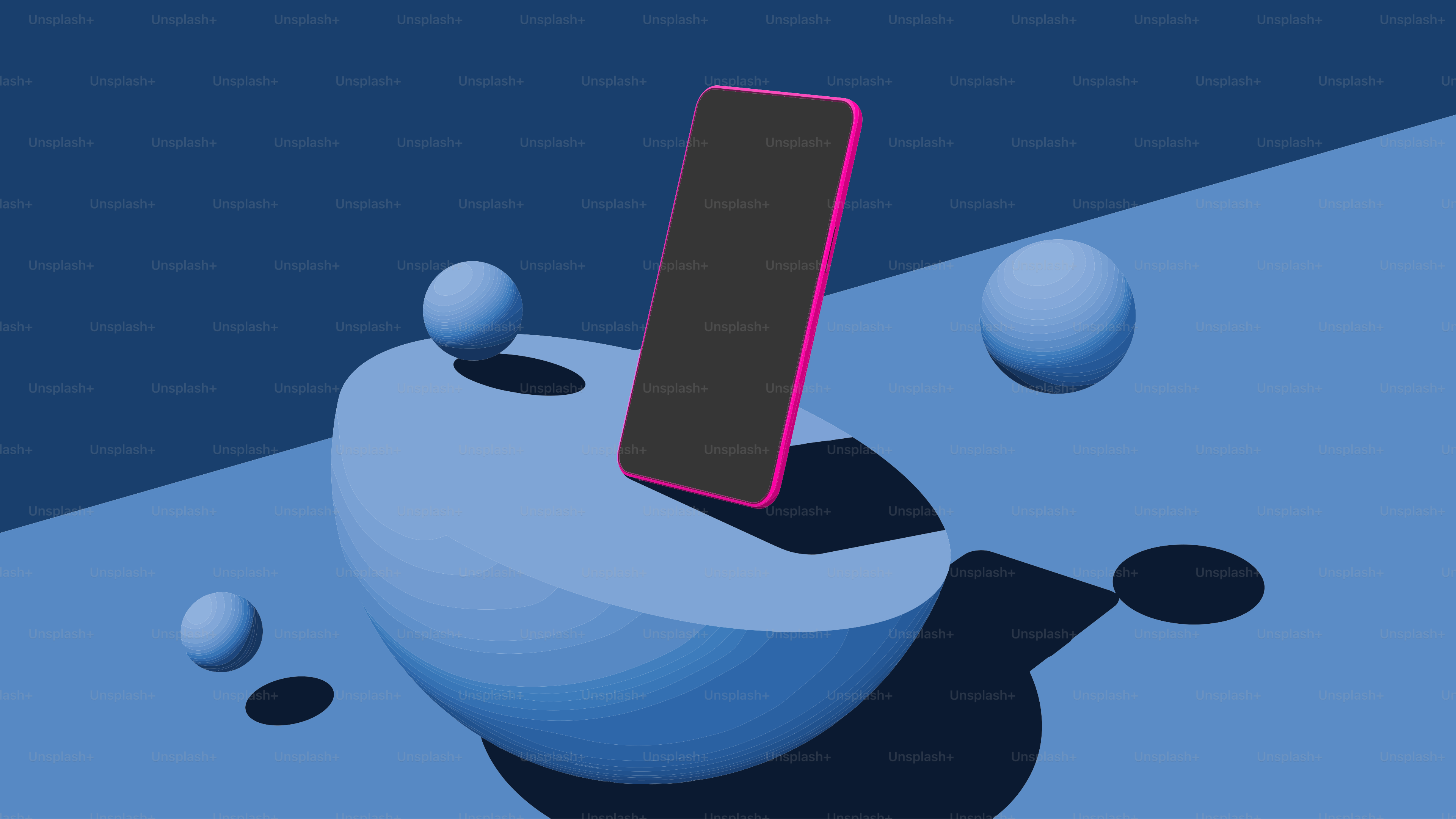 Smartphone sobre formas geométricas azules abstractas