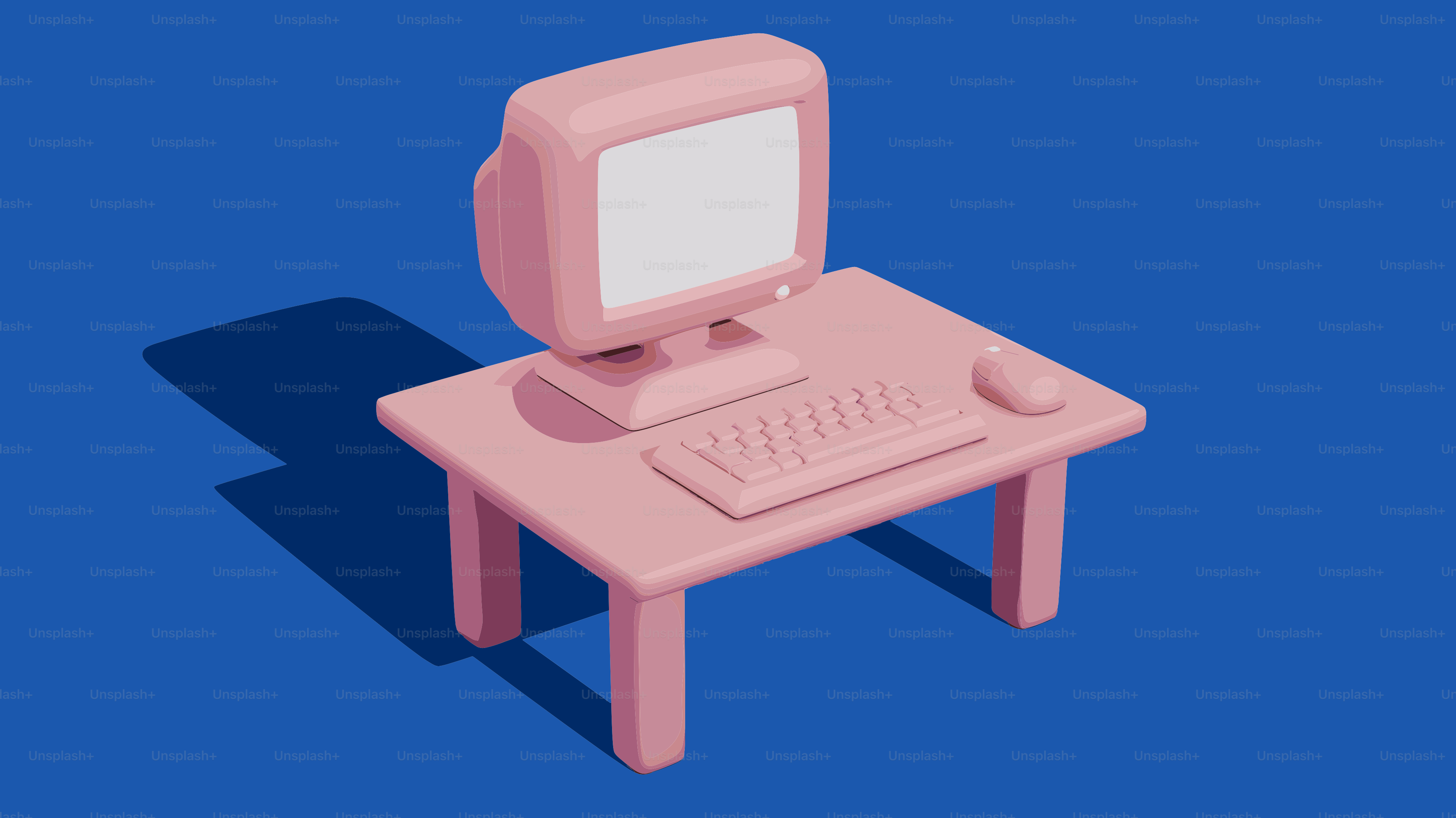 Pink computer and desk on blue background