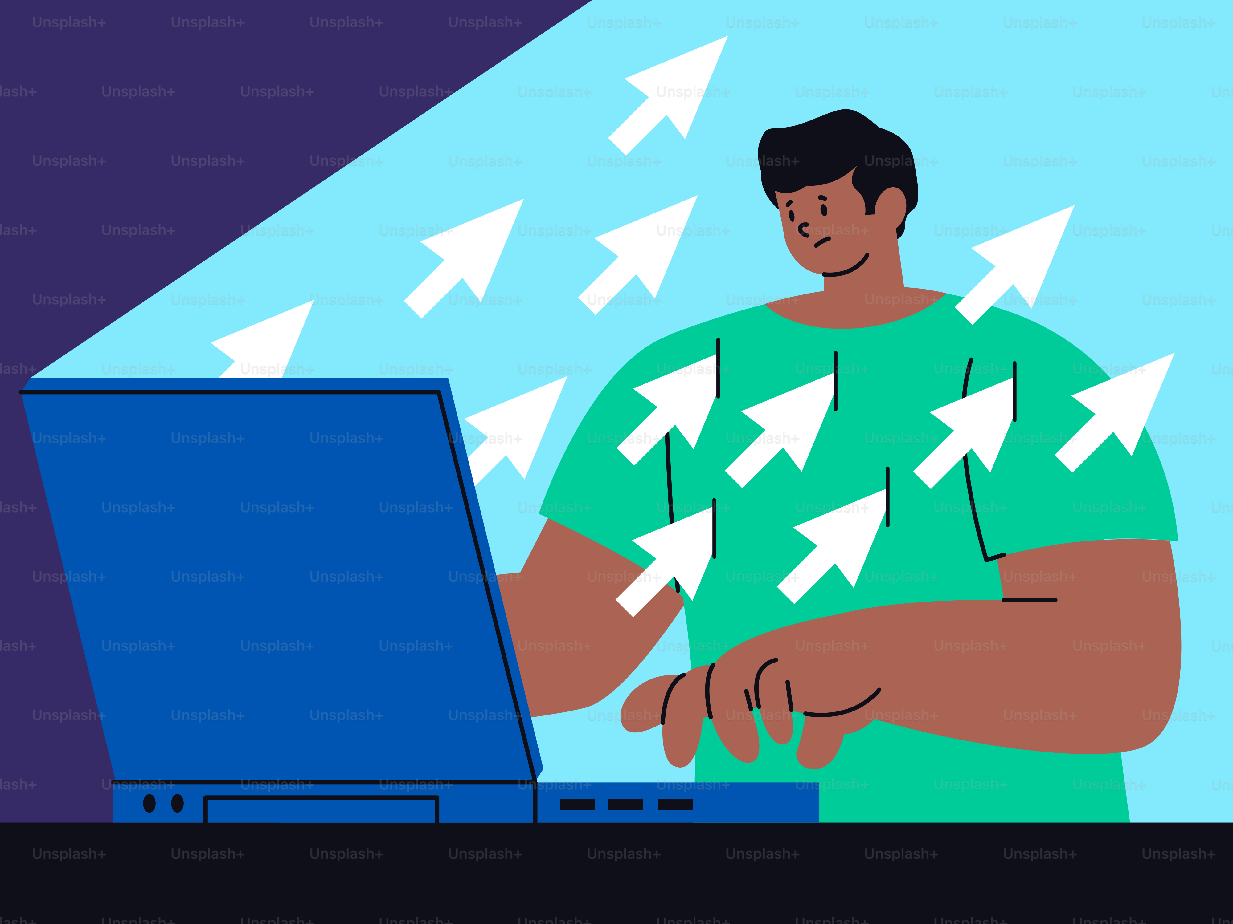 Man working on laptop with cursors flying around