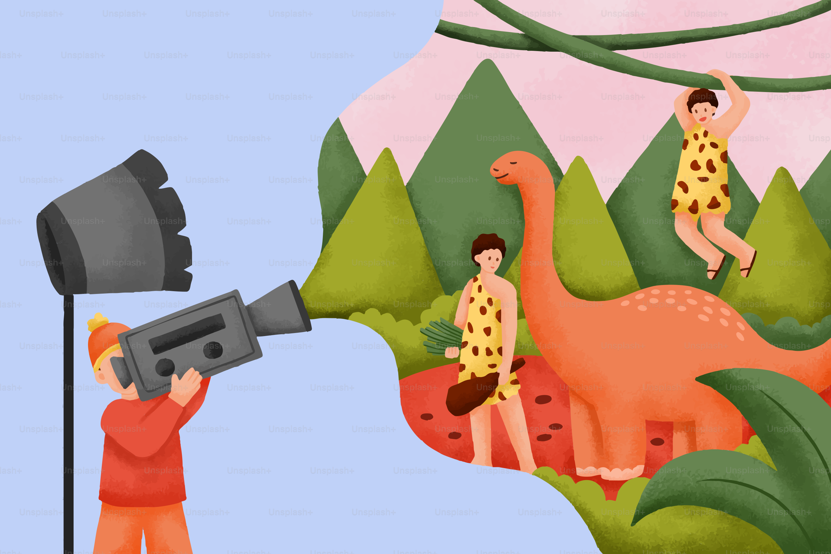 영화 제작자가 정글에서 동굴인과 공룡을 촬영합니다.