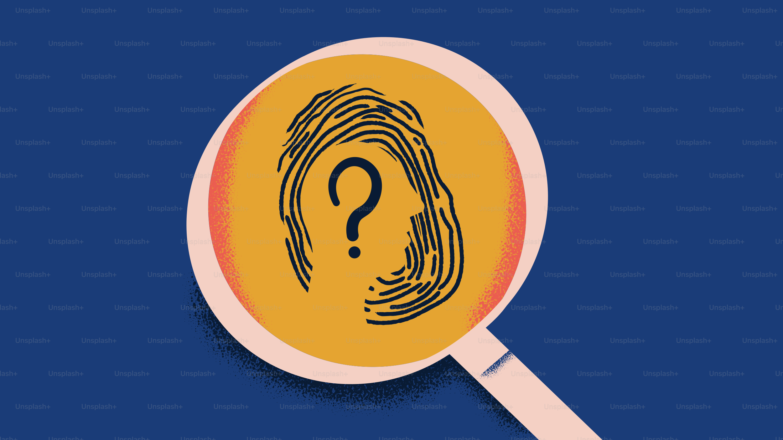 Magnifying glass over a fingerprint with question mark.
