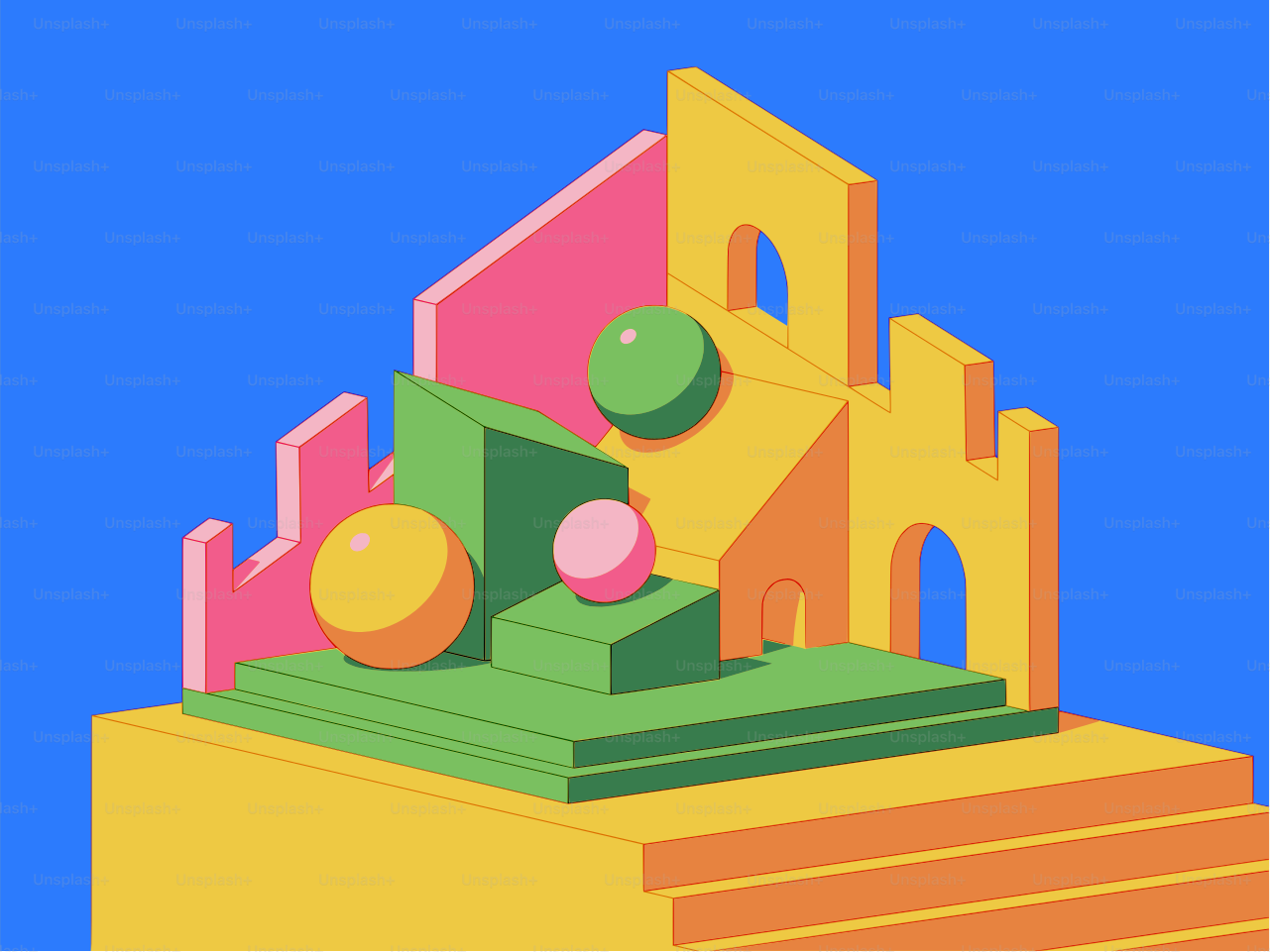 青い背景に球体を持つ抽象的な幾何学的形状