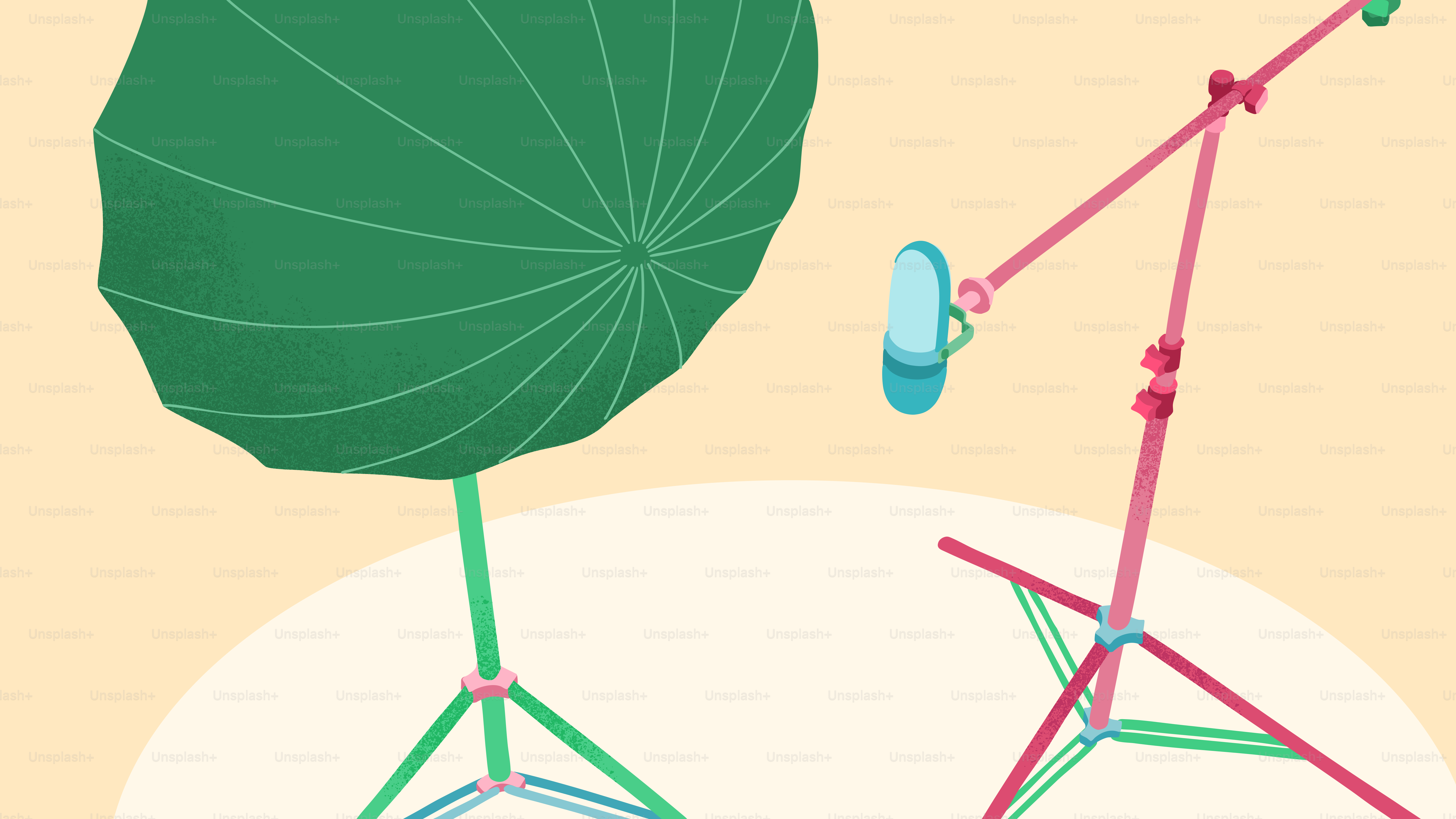 Luz de paraguas verde y micrófono en el soporte