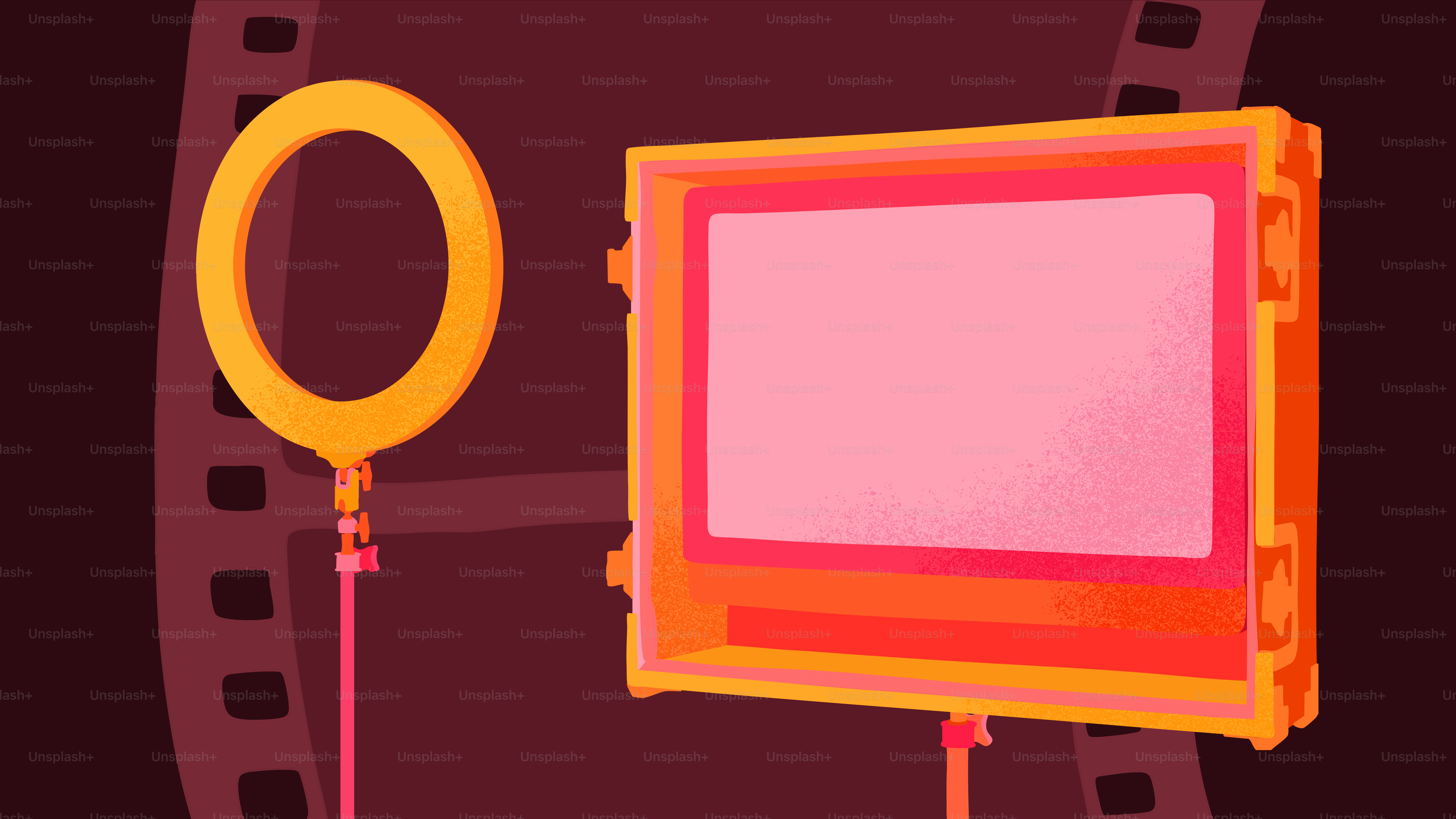 Filmrolle mit Ringlicht und Leinwand