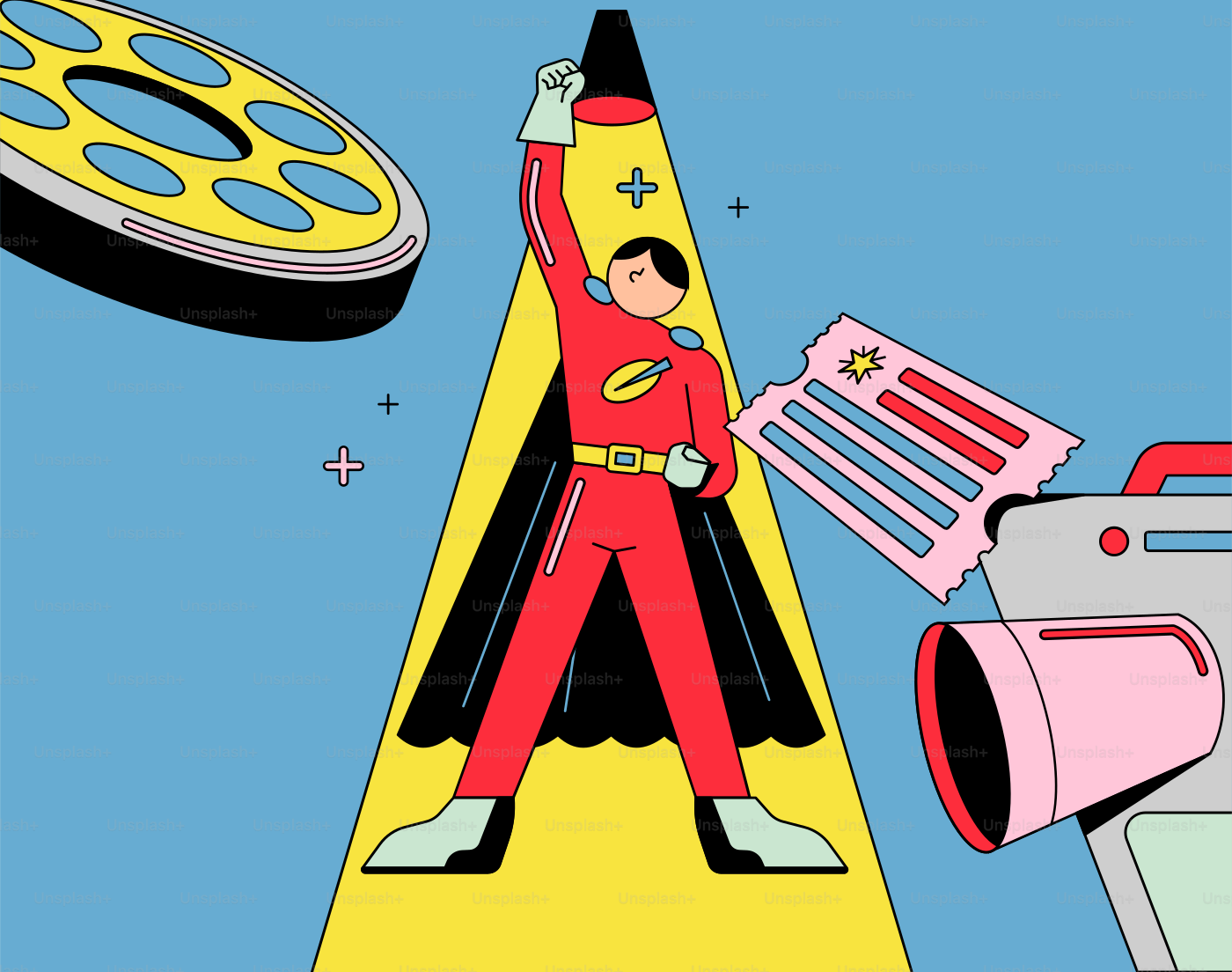 Superhéroe con carrete de cine, entradas y cámara de cine