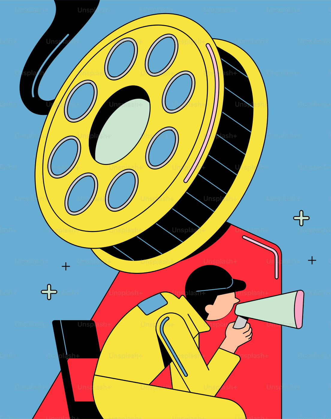 Filmmaker with megaphone near large film reel