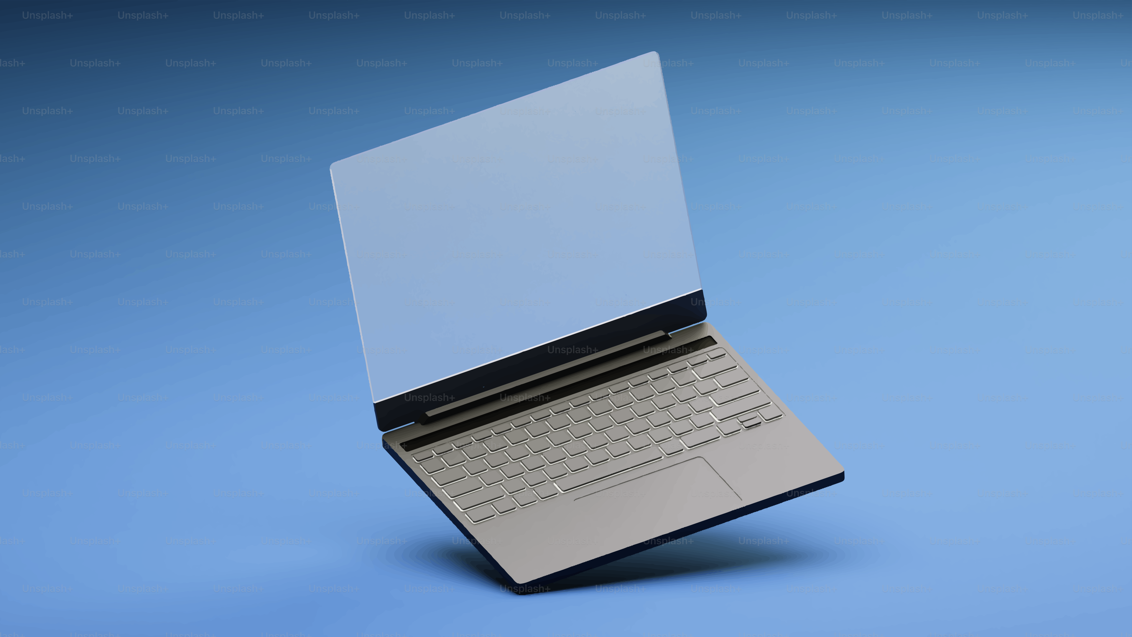 Moderner Laptop mit transparentem Bildschirm auf blauem Hintergrund