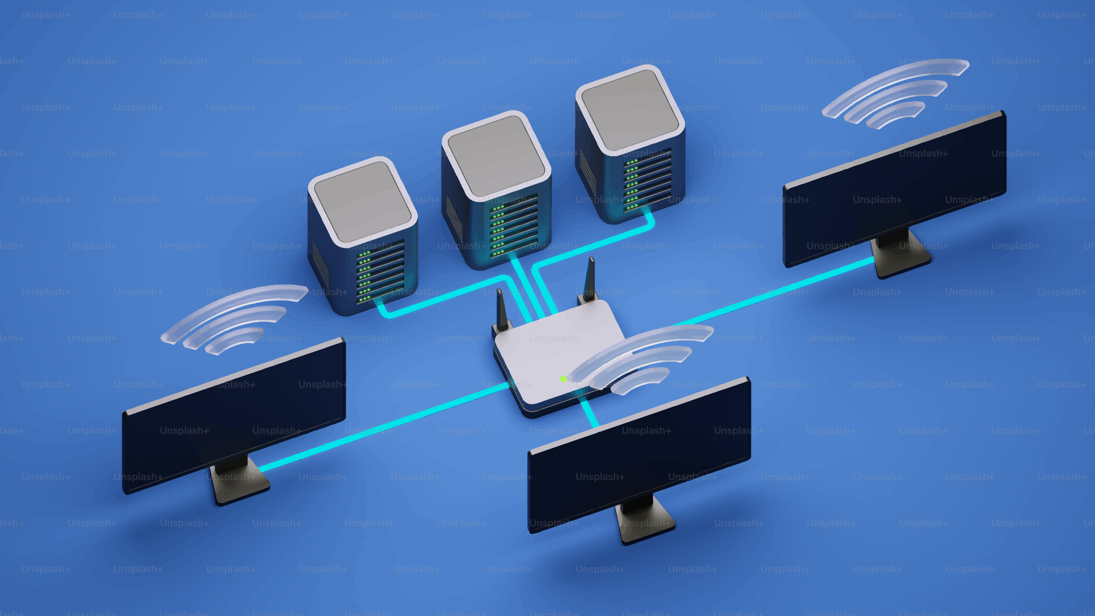 Réseau informatique avec routeur, serveurs et moniteurs.