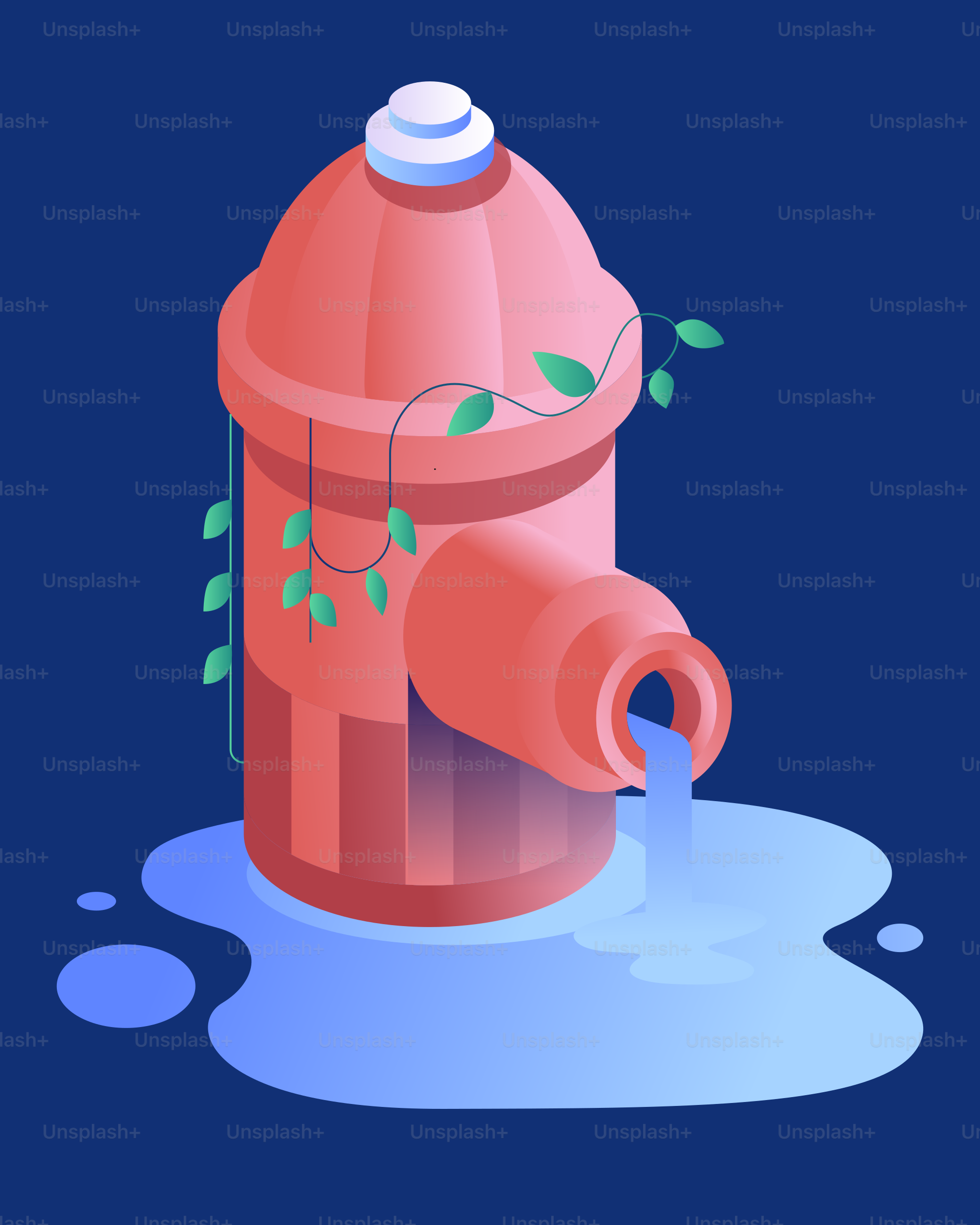 Red fire hydrant with water flowing onto blue background.