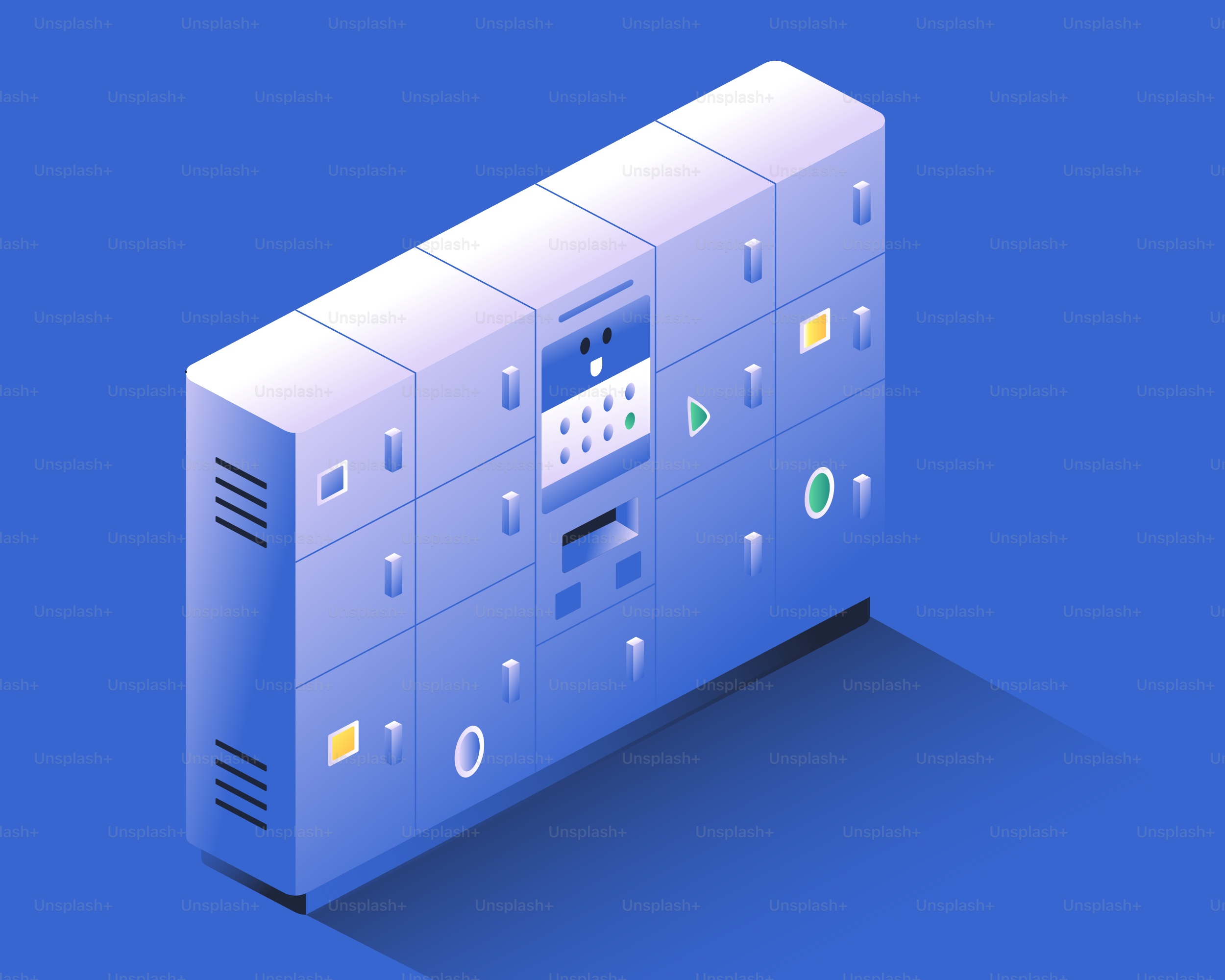 A bank of modern lockers with a digital keypad.