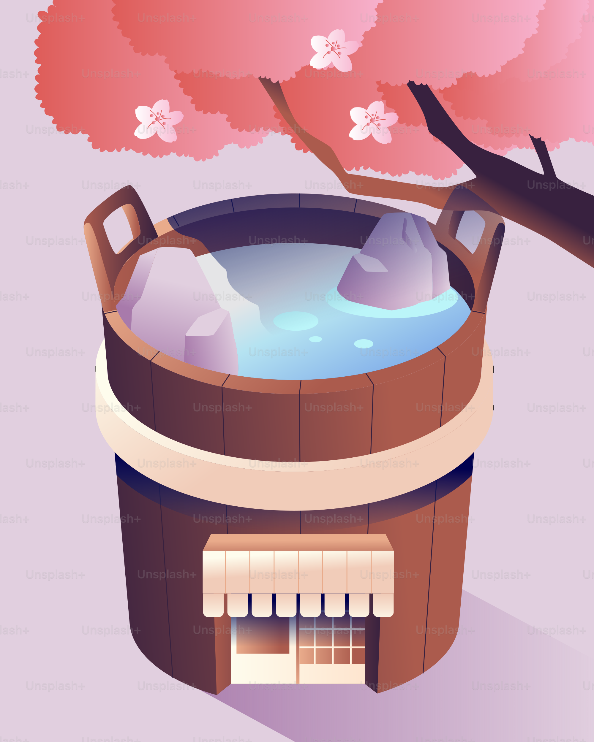 Wooden hot spring tub under cherry blossoms