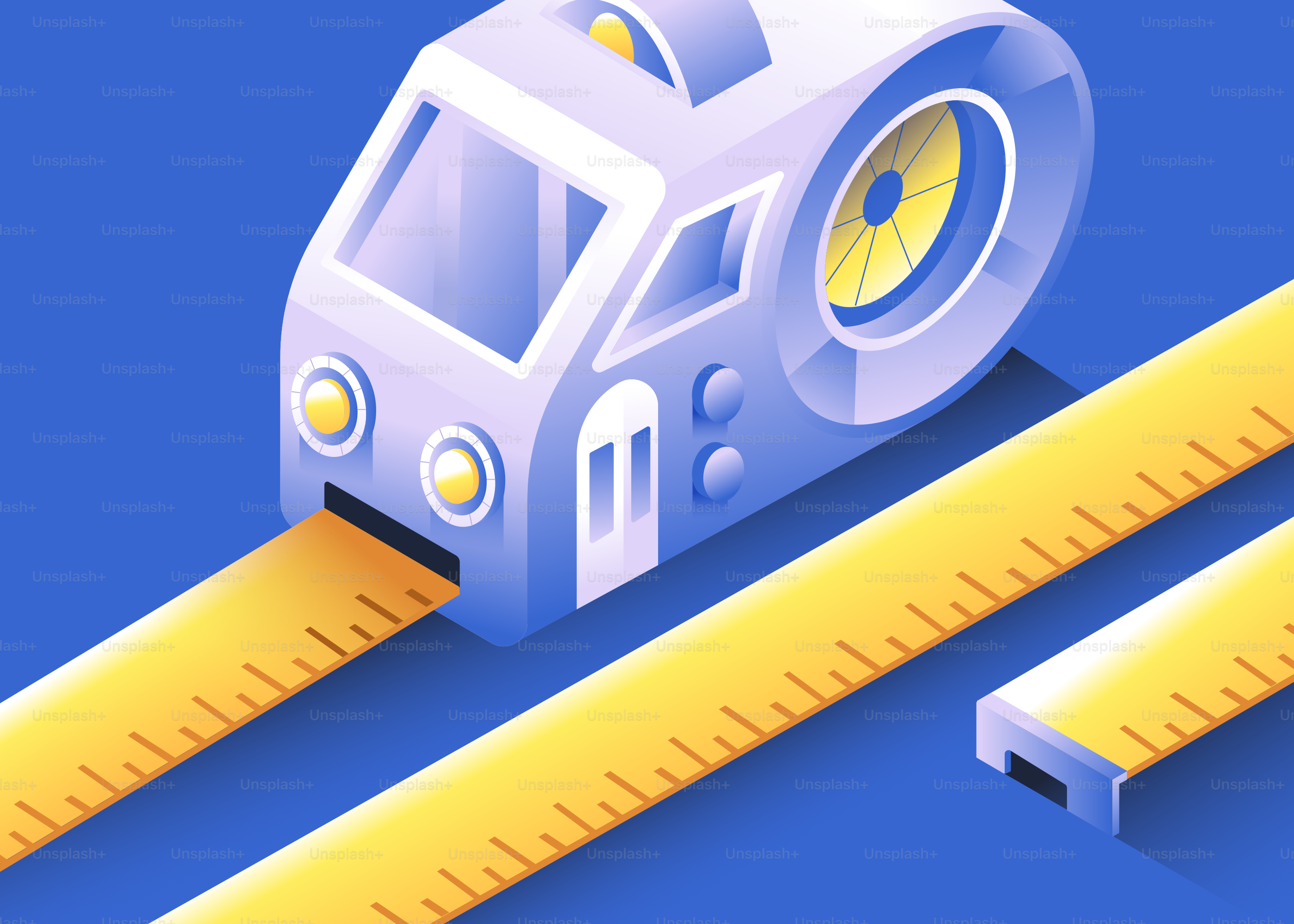 Train shaped tape measure on blue background