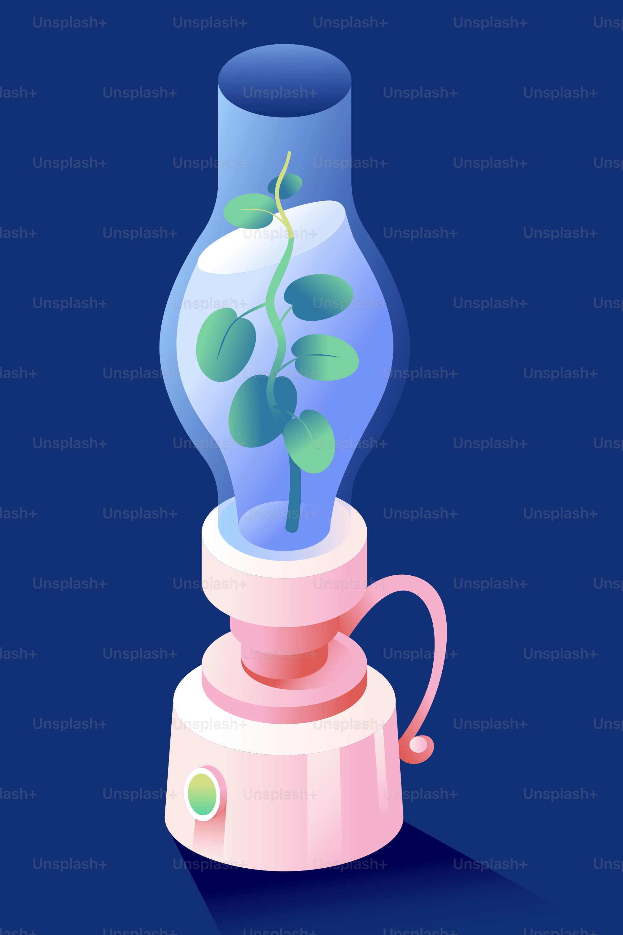 A plant growing inside a pink oil lamp.