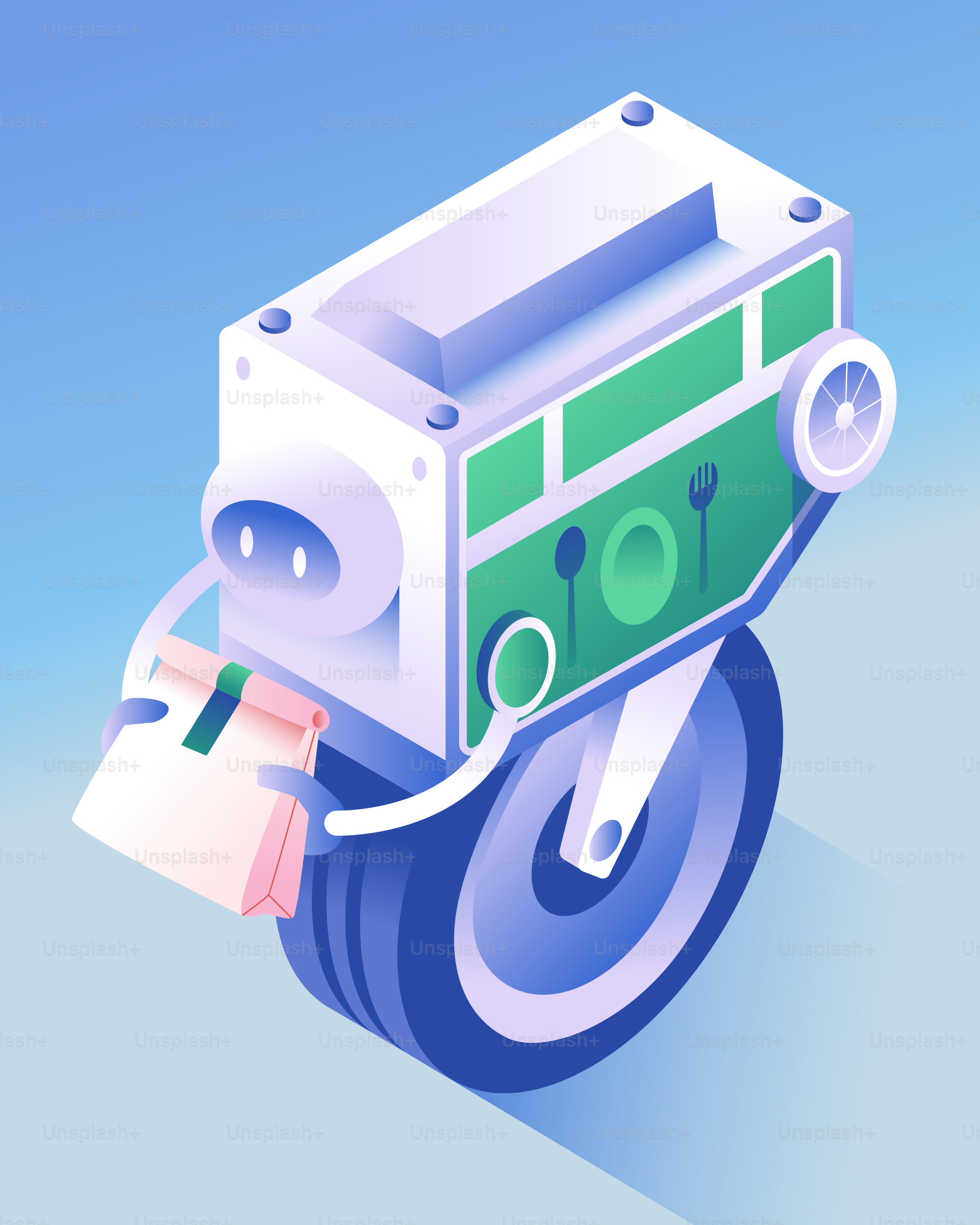 A futuristic delivery robot with a food bag.