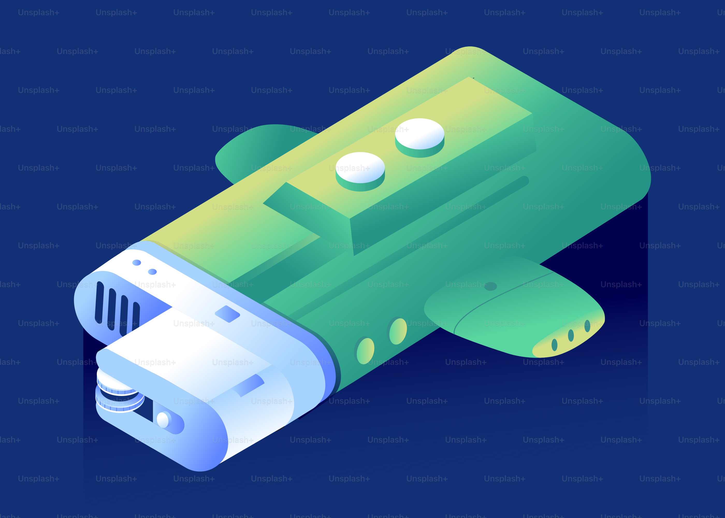 Green futuristic submarine on a dark blue background