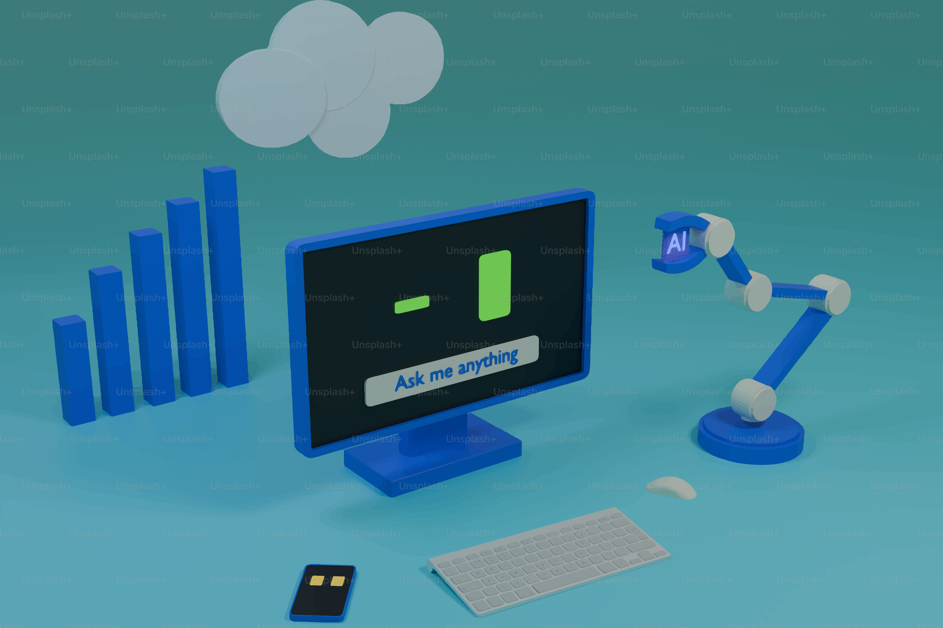 Computer with ai robot arm and data visualization.