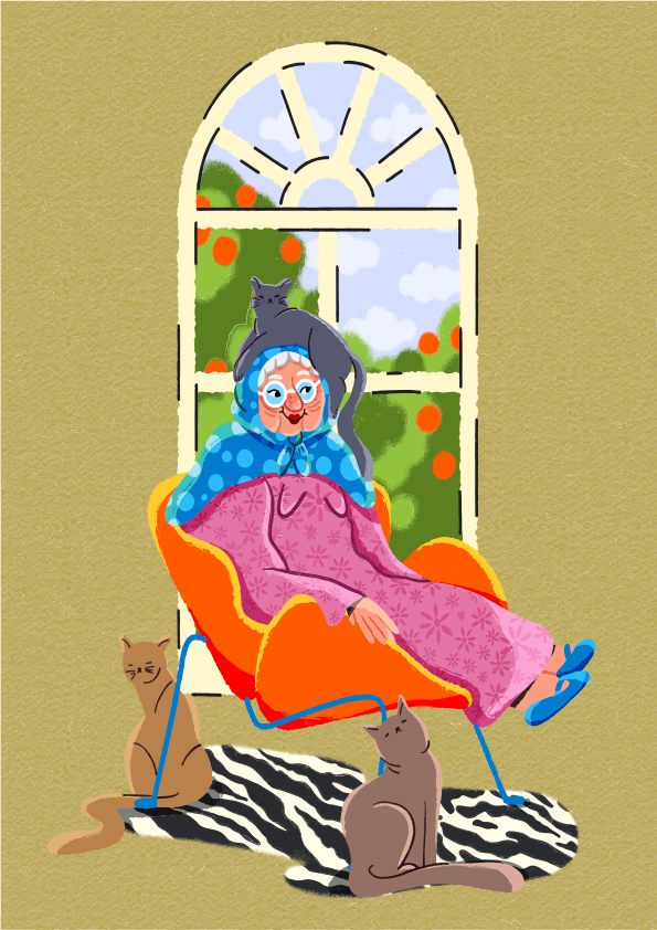 Elderly woman relaxing with cats by the window.