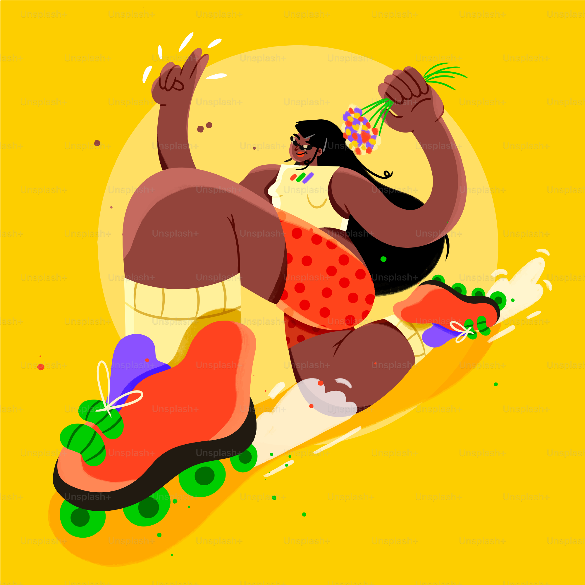 Woman roller skating with flowers on yellow background