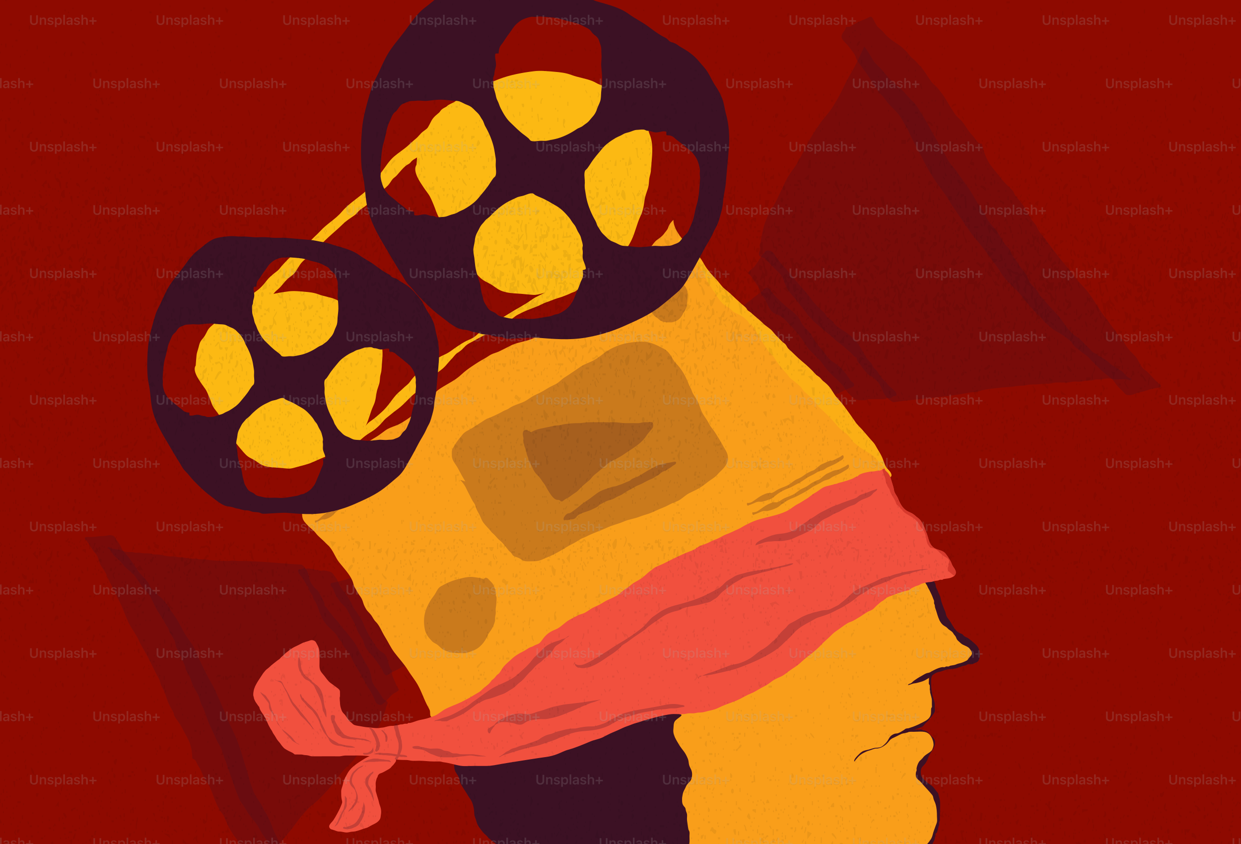 Bobina di film sulla testa con benda e arte astratta.