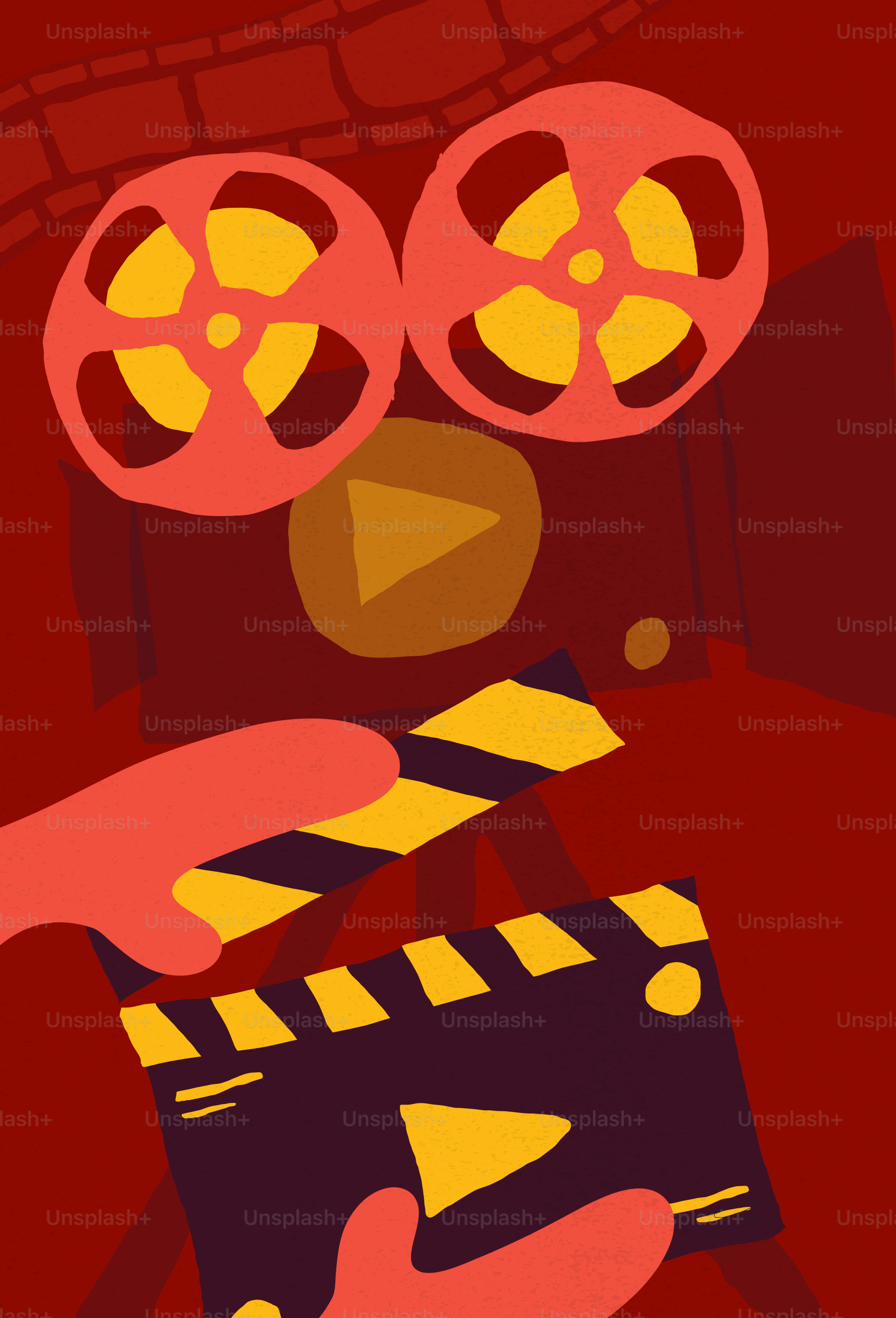 Hands holding a clapperboard in front of a film projector.