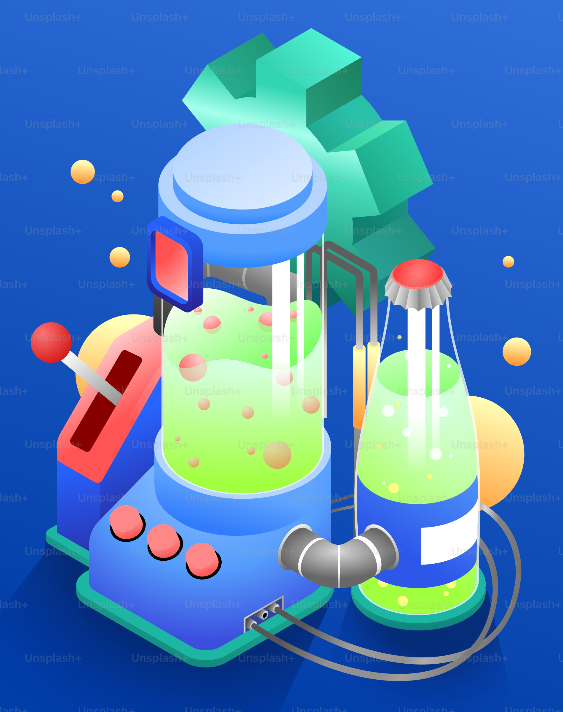 Machine abstraite créant un liquide vert brillant dans une bouteille