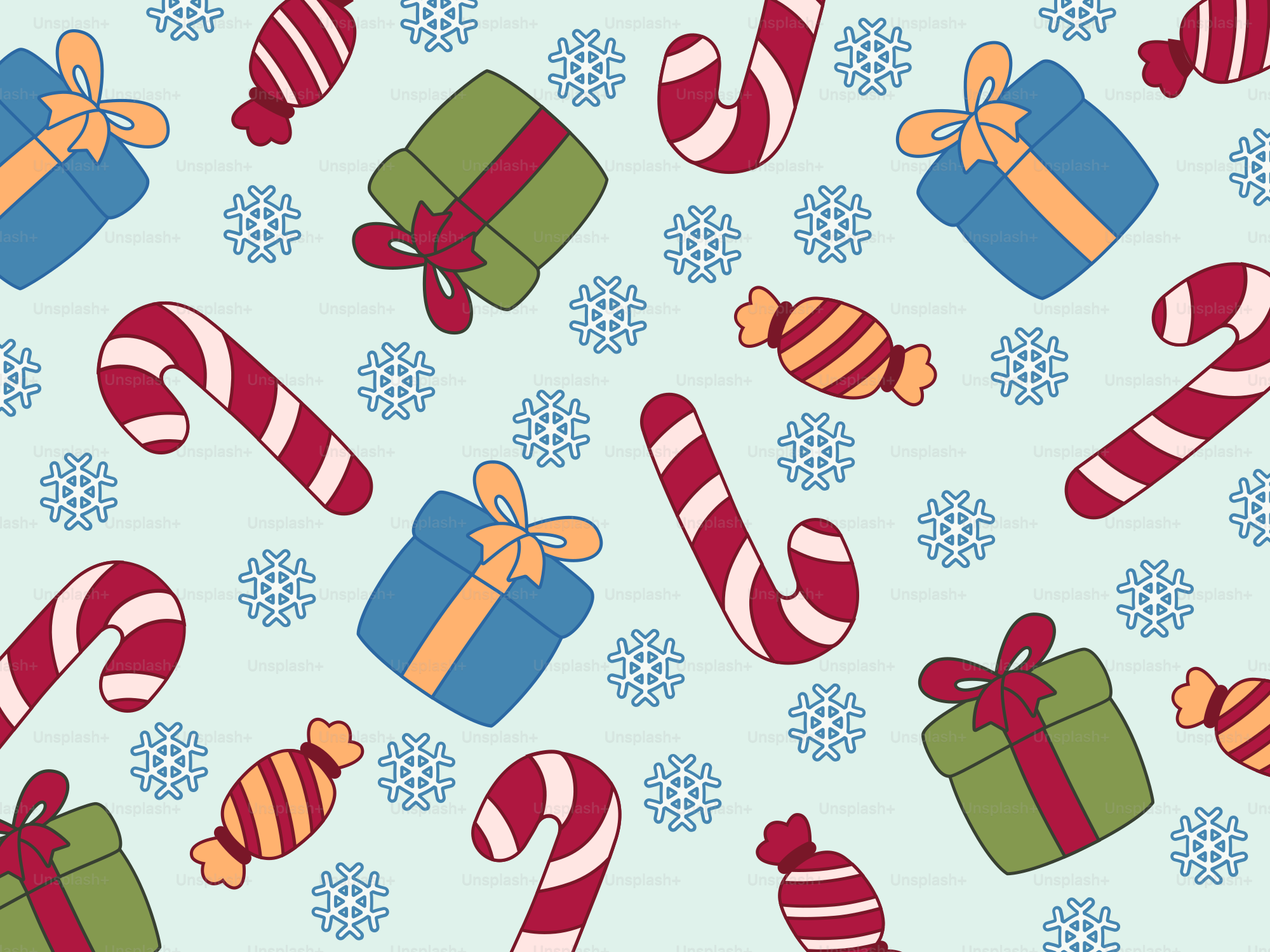 Christmas pattern with candy canes, gifts, and snowflakes